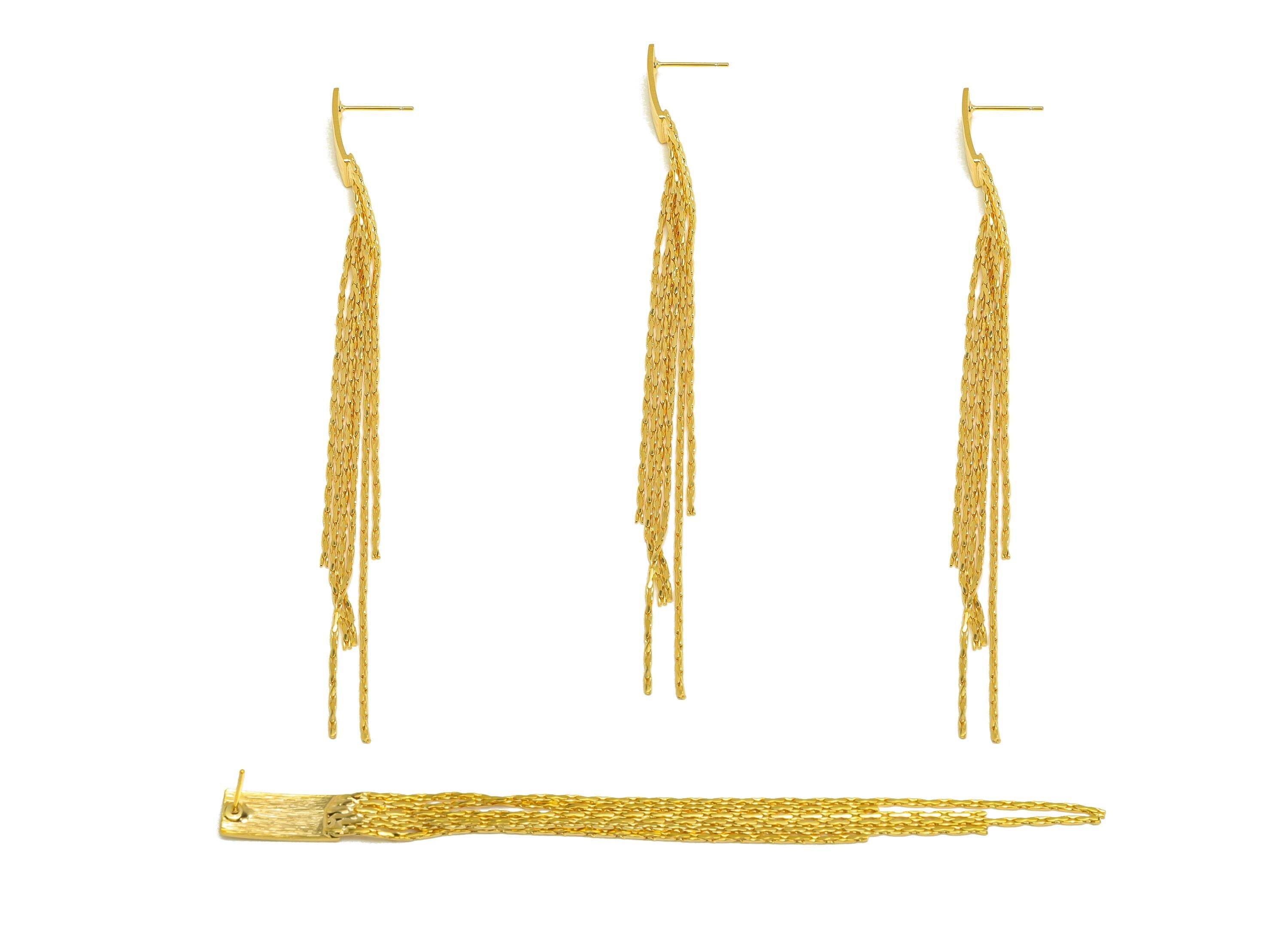 Brass Tassel Earring Stud - Bent Rectangle Tassel Wire Earring Post - Zircon Chian Earring Post - 18K Real Gold Plated - 118x6x1mm - RGP7531 - DOMEDBAZAAR