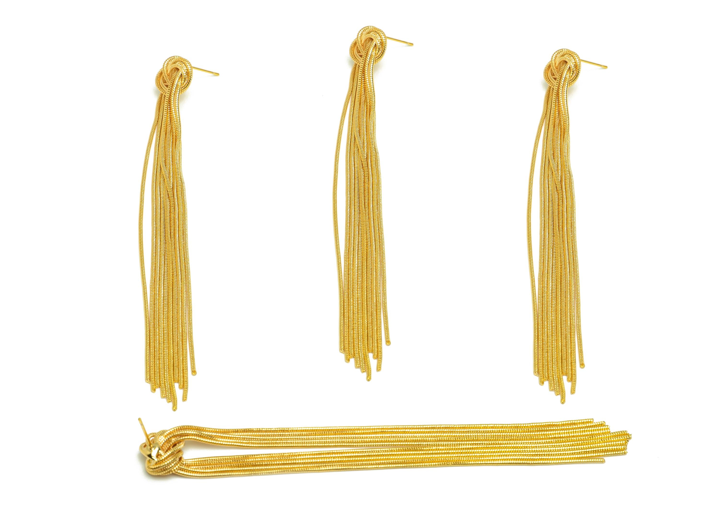 Brass Tassel Earring Stud - Knot Tassel Wire Earring Post - Brass Snake Long Chain Earring Post - 18K Real Gold Plated - 116x13x4mm- RGP7520 - DOMEDBAZAAR
