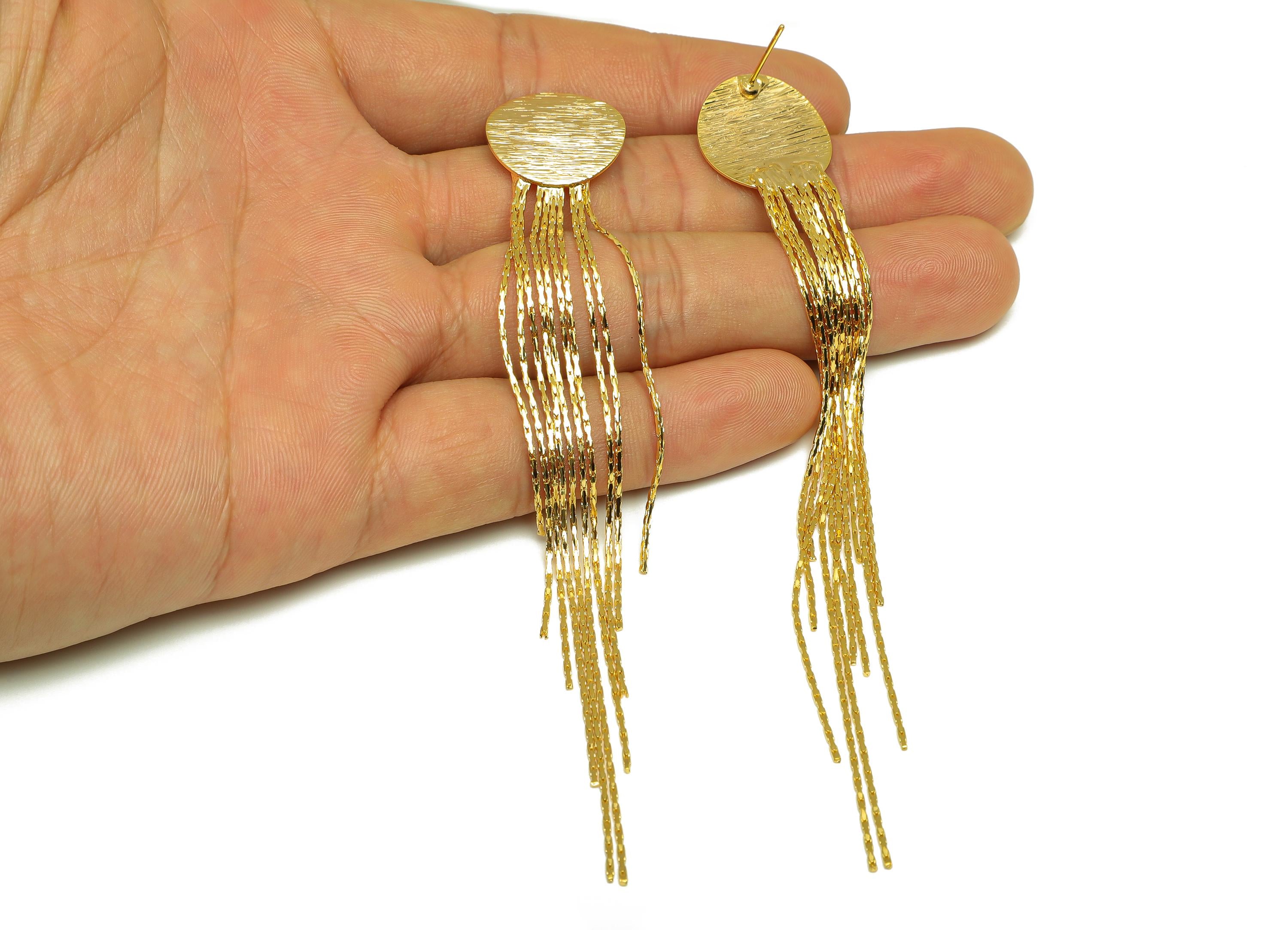 Brass Tassel Earring Stud - Bent Round Tassel Wire Earring Post - Brass Snake Chian Earring Post - 18K Real Gold Plated - 119x18x1mm-RGP7532 - DOMEDBAZAAR