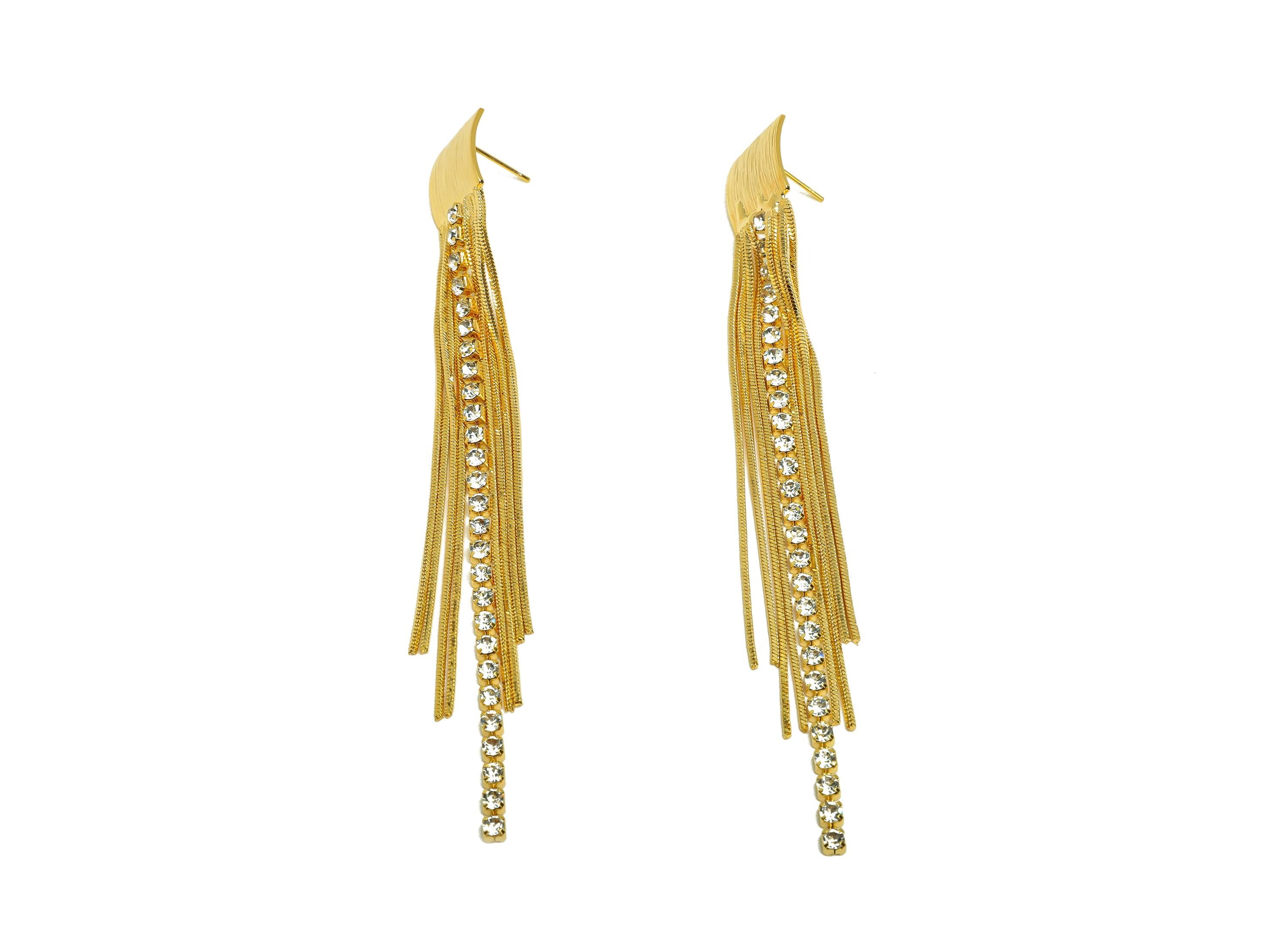 Brass Tassel Earring Stud - Bent Square Tassel Earring Post - Zircon Snake Chian Earring Post - 18K Real Gold Plated - 109x13x1mm - RGP7524 - DOMEDBAZAAR