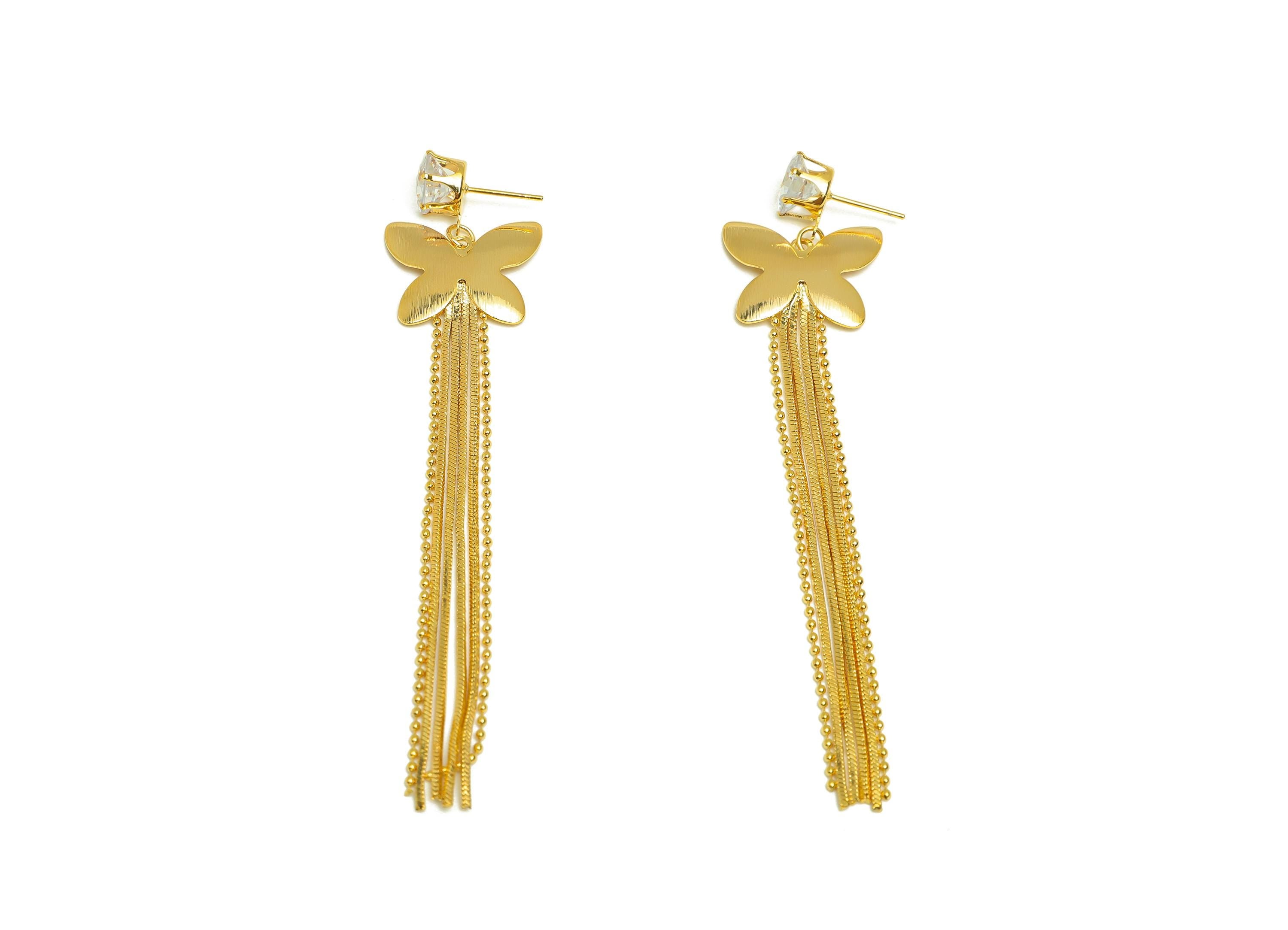 Brass Tassel Earring Stud - Butterfly Tassel Earring Post - Zircon Bead Snake Chian Earring Post - 18K Real Gold Plated - 90x9x2mm - RGP7498 - DOMEDBAZAAR