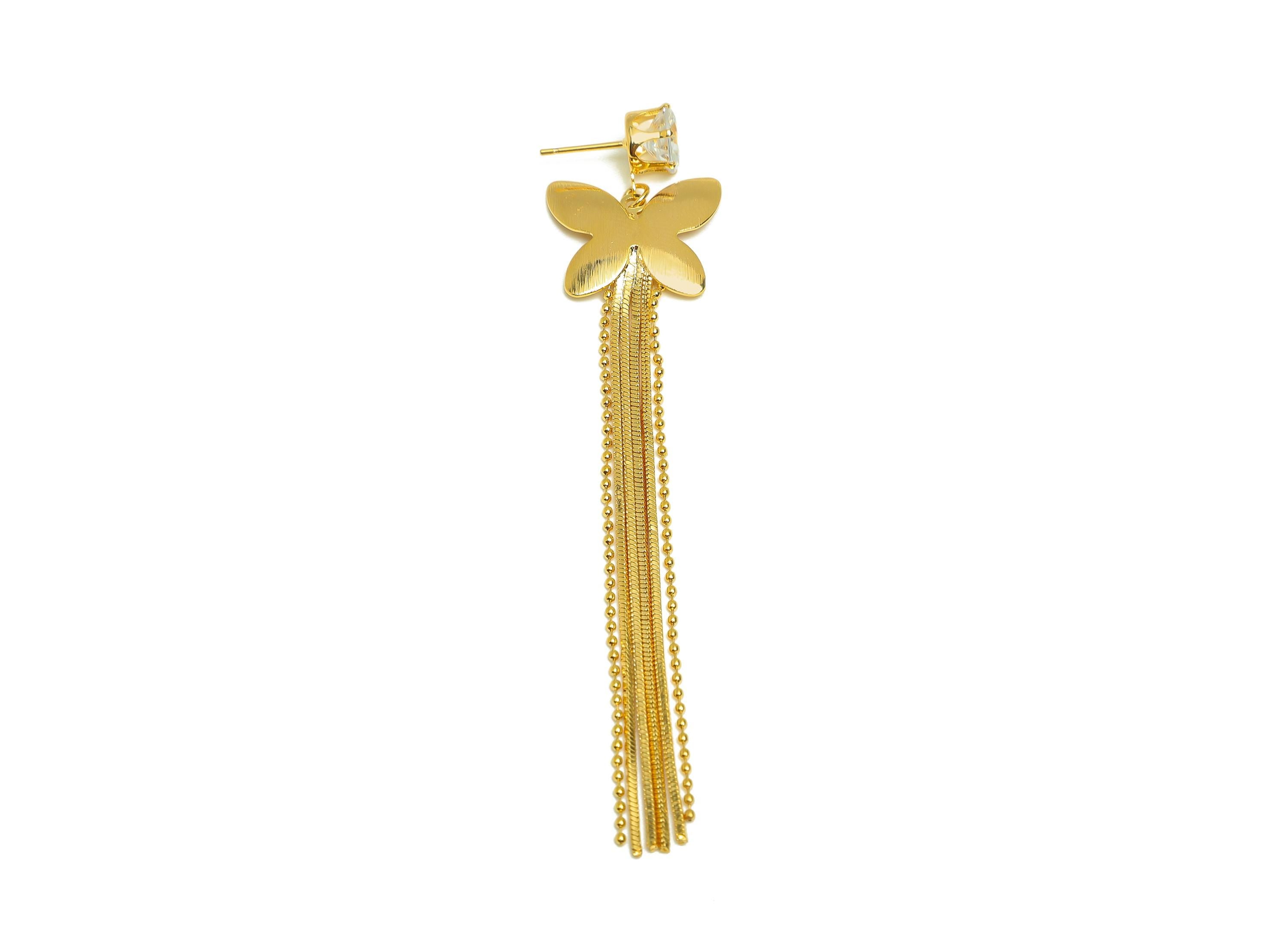 Brass Tassel Earring Stud - Butterfly Tassel Earring Post - Zircon Bead Snake Chian Earring Post - 18K Real Gold Plated - 90x9x2mm - RGP7498 - DOMEDBAZAAR
