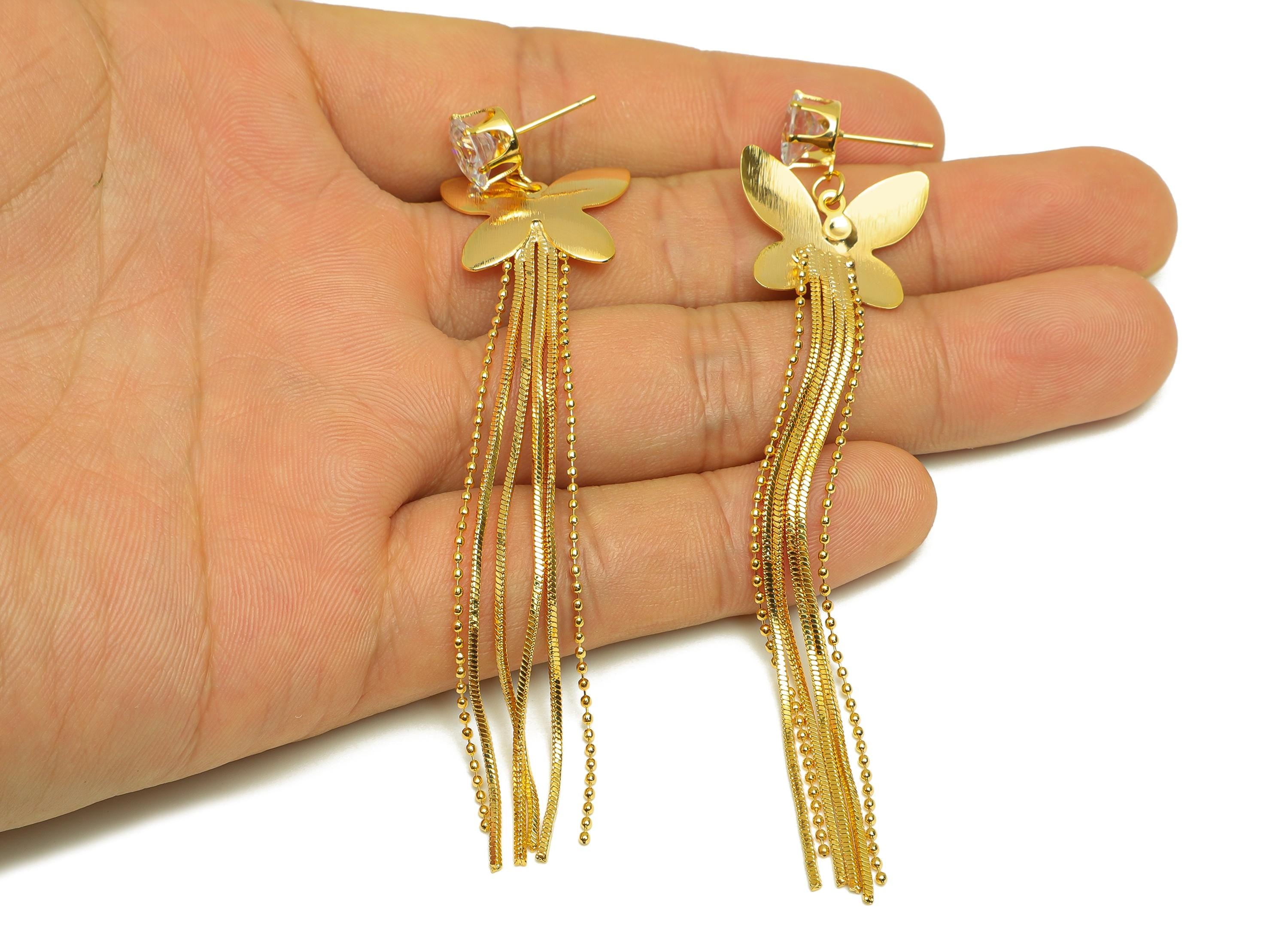 Brass Tassel Earring Stud - Butterfly Tassel Earring Post - Zircon Bead Snake Chian Earring Post - 18K Real Gold Plated - 90x9x2mm - RGP7498 - DOMEDBAZAAR