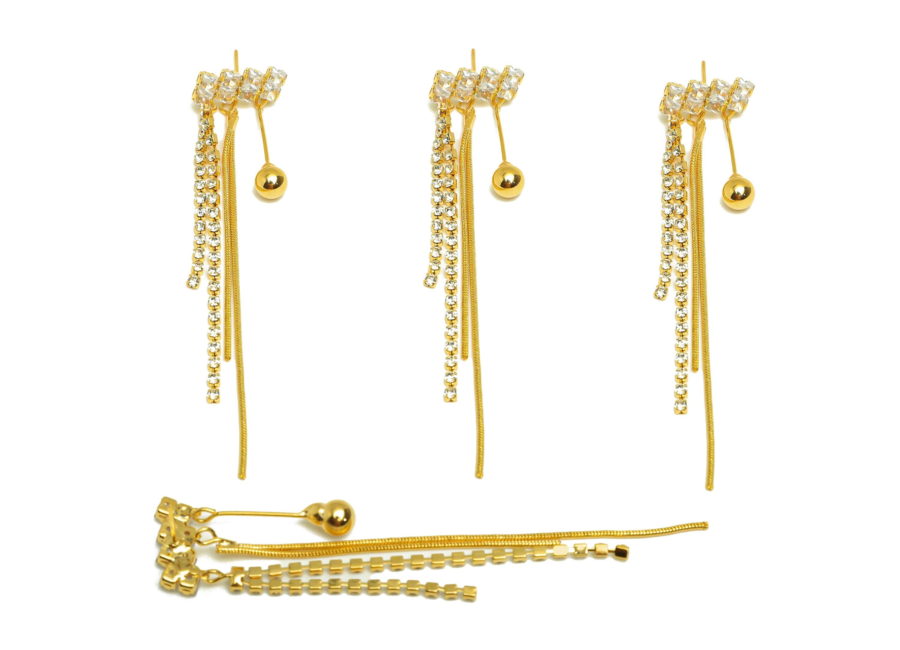 Brass Tassel Earring Stud - Brass Bead Tassel Earring Post - Zircon Snake Chian Earring Post - 18K Real Gold Plated - 93x16x3.27mm - RGP7497 - DOMEDBAZAAR