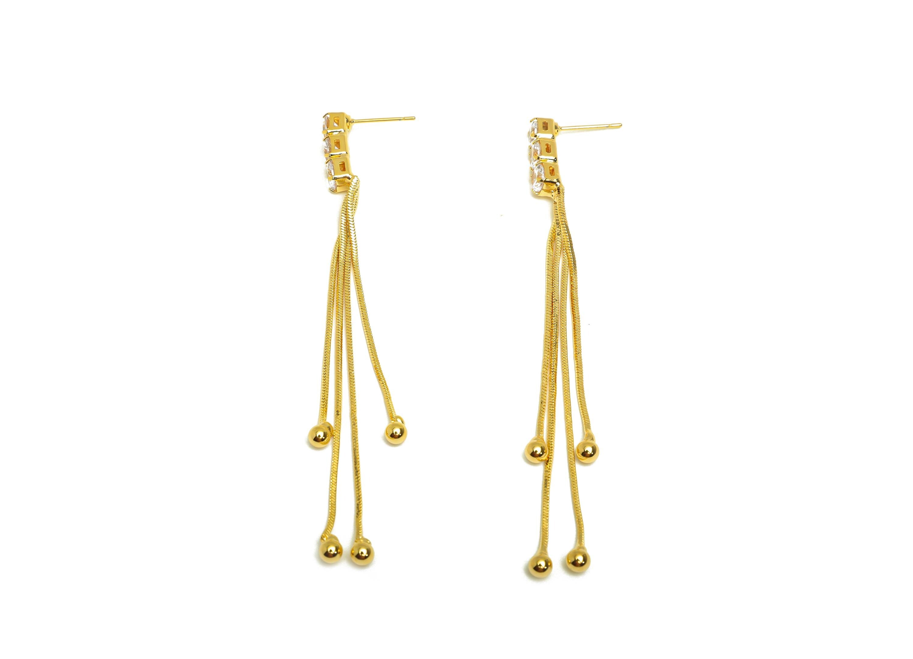 Brass Tassel Earring Stud - Brass Bead Tassel Earring Post - Square Zircon Snake Chian Post - 18K Real Gold Plated - 87x4x4.65mm - RGP7536 - DOMEDBAZAAR