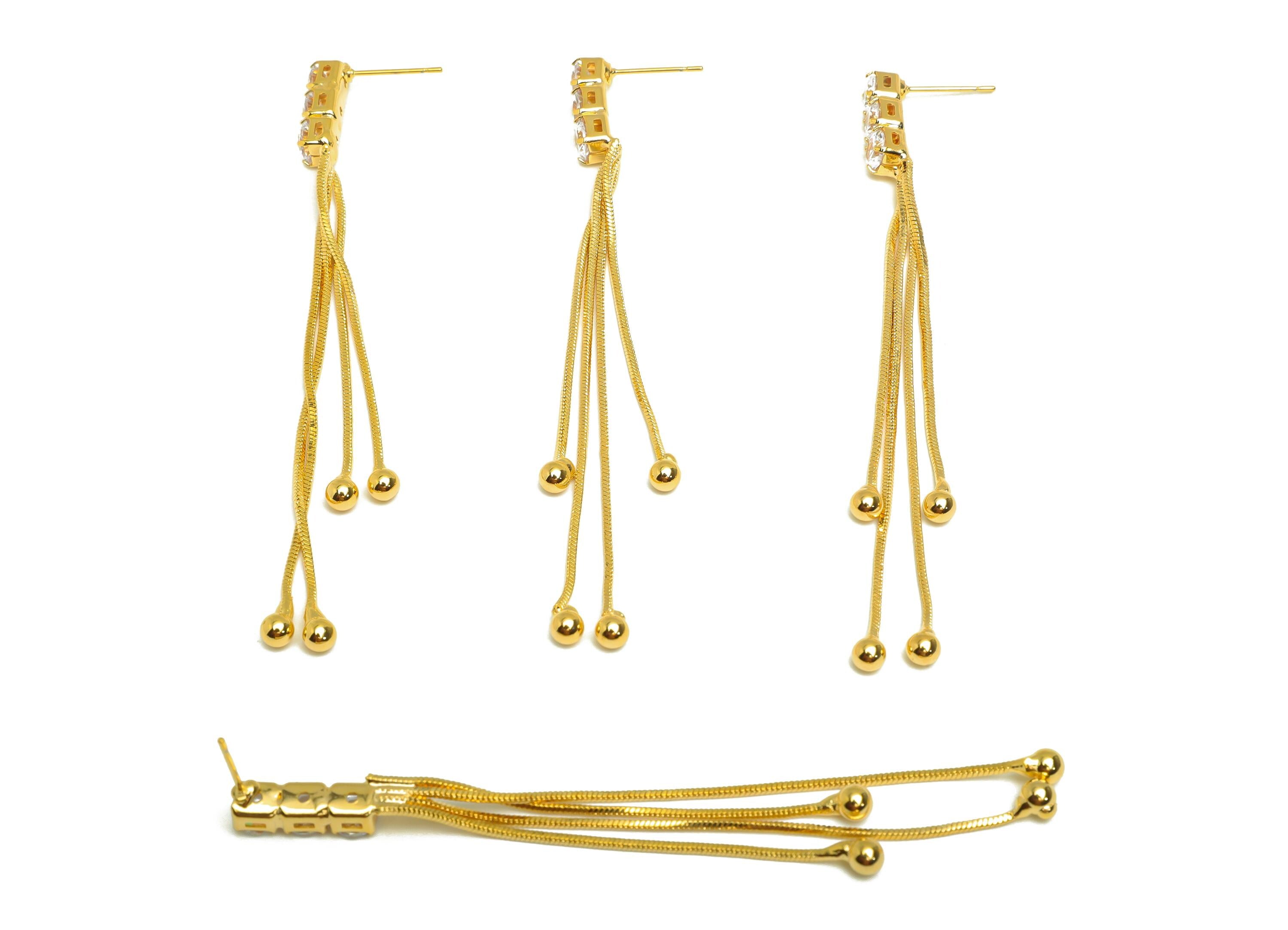 Brass Tassel Earring Stud - Brass Bead Tassel Earring Post - Square Zircon Snake Chian Post - 18K Real Gold Plated - 87x4x4.65mm - RGP7536 - DOMEDBAZAAR