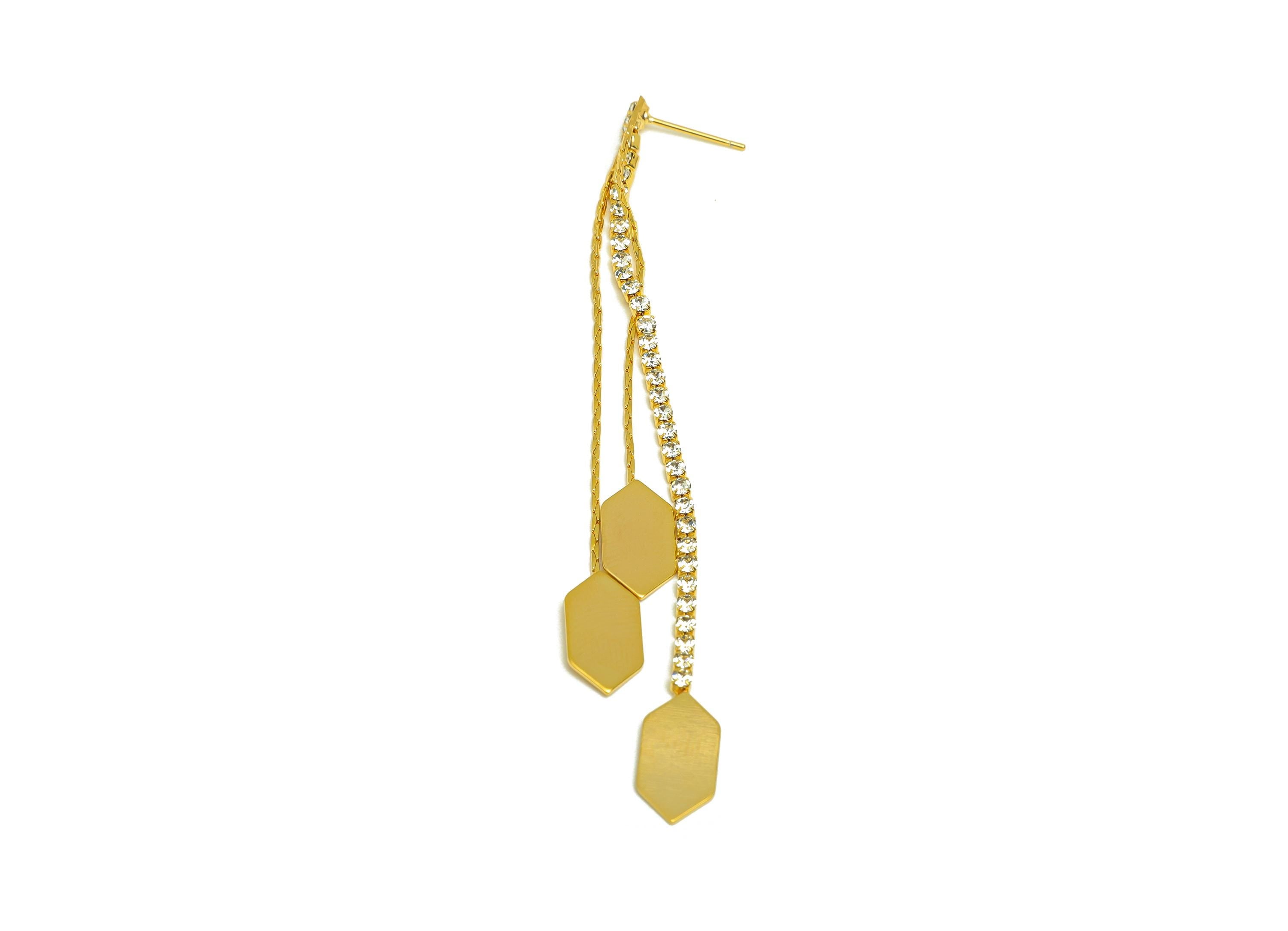Brass Tassel Earring Stud - Brass Hexagon CZ Earring Post - Zircon Snake Chian Earring Post - 18K Real Gold Plated - 95x7x1.87mm - RGP7537 - DOMEDBAZAAR