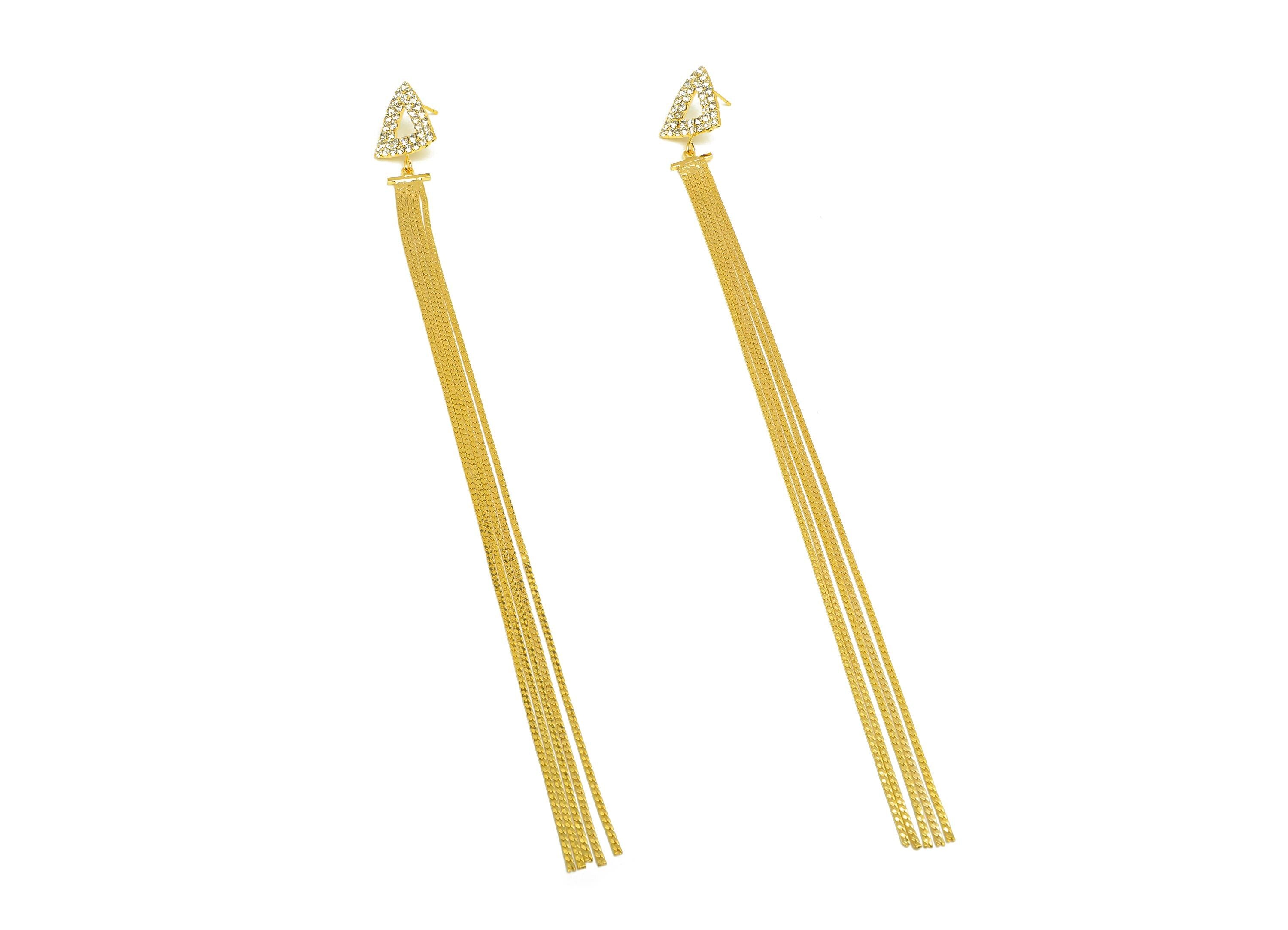 Brass Tassel Earring Stud - Brass CZ Triangle Tassel Earring Post - Zircon Snake Chian Post - 18K Real Gold Plated - 190x16x2.17mm - RGP7510 - DOMEDBAZAAR