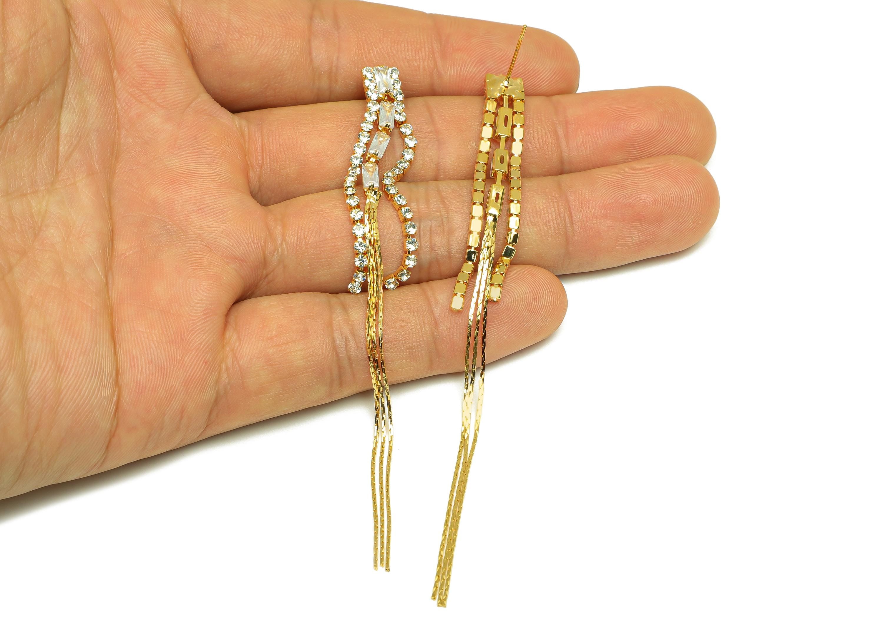 Brass Tassel Earring Stud - Brass Rectangle CZ Earring Post - Zircon Snake Chian Earring Post - 18K Real Gold Plated - 100x6x3mm - RGP7526 - DOMEDBAZAAR