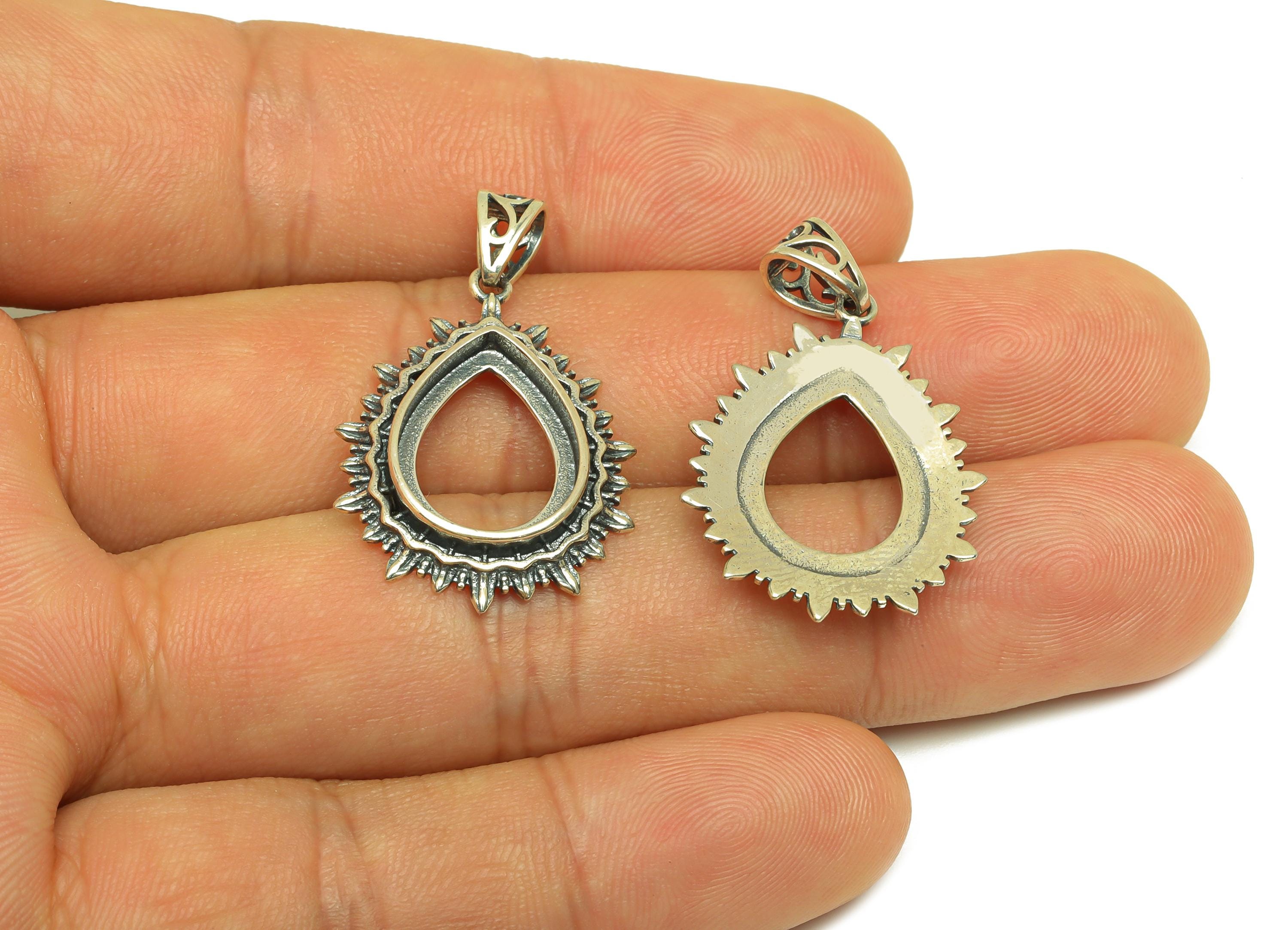10x14mm Drop Pendant Setting - Textured Spikes Teardrop Pendant Blank - Vintage Teardrop Pendant Setting - 925 Silver Sterling - RGP7462 - DOMEDBAZAAR