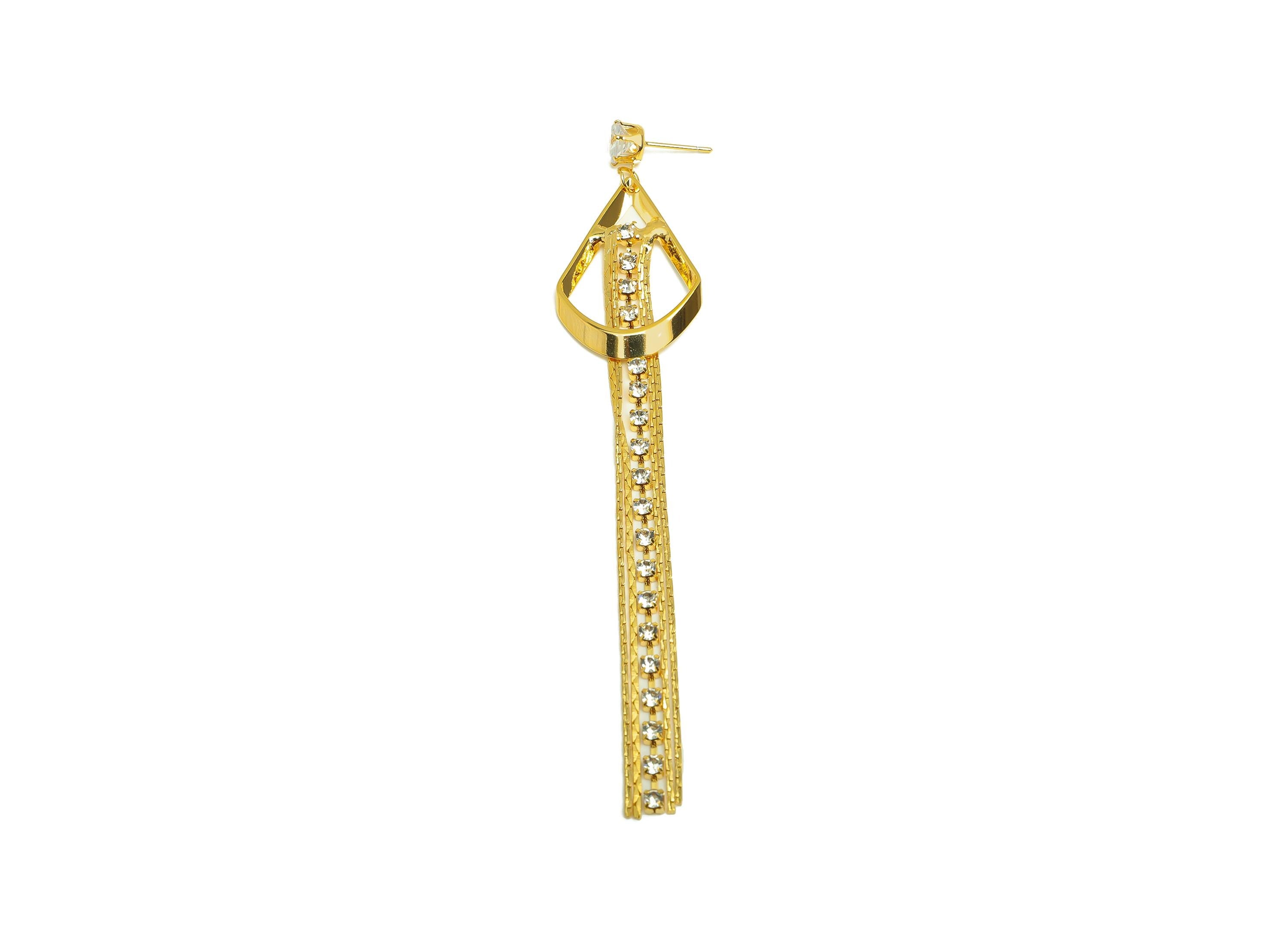 Brass Tassel Earring Stud - Brass CZ Teardrop Tassel Earring Post - Drop Zircon Snake Chian Post - 18K Real Gold Plated - 104x20x2mm-RGP7499 - DOMEDBAZAAR