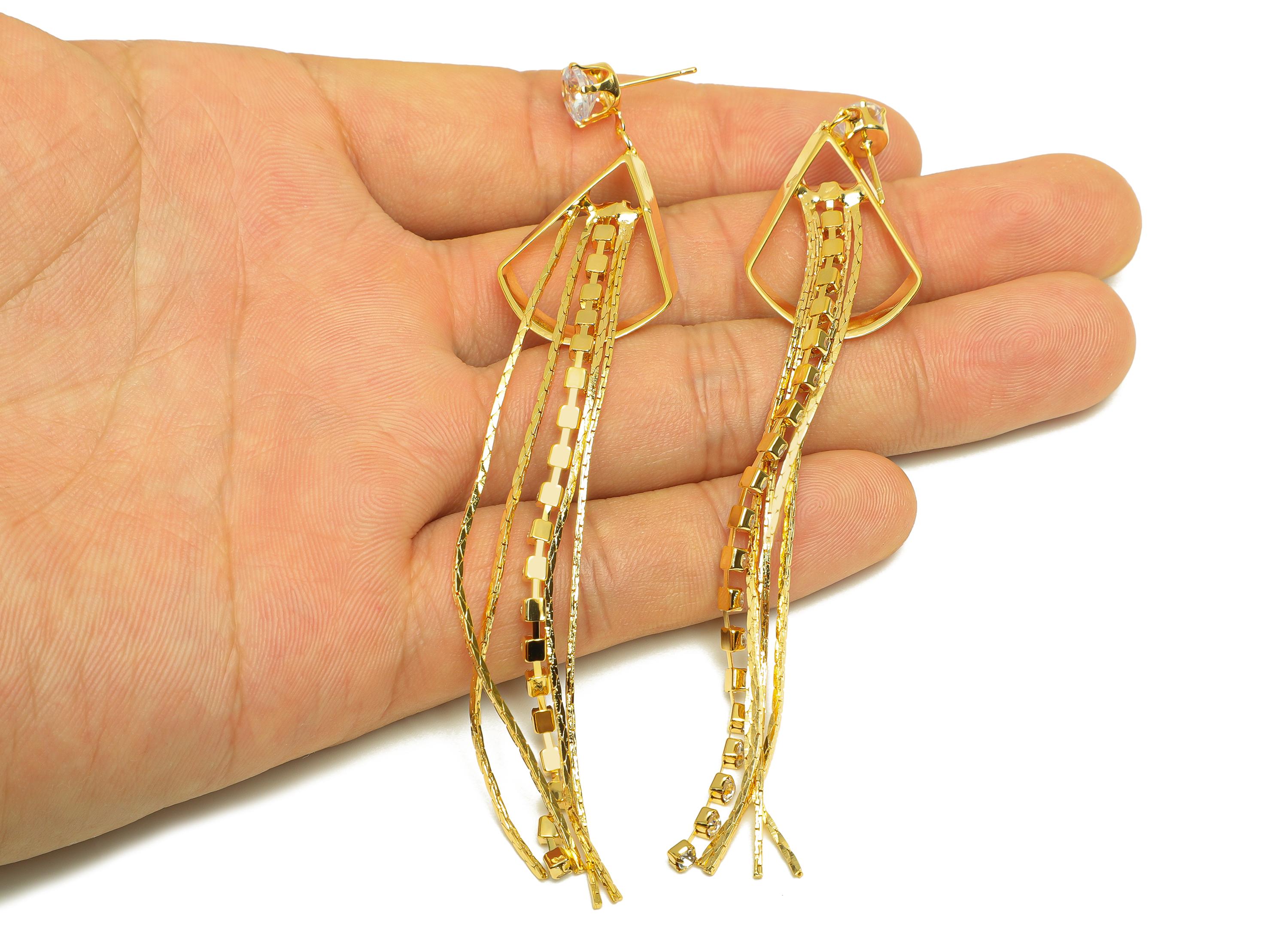 Brass Tassel Earring Stud - Brass CZ Teardrop Tassel Earring Post - Drop Zircon Snake Chian Post - 18K Real Gold Plated - 104x20x2mm-RGP7499 - DOMEDBAZAAR