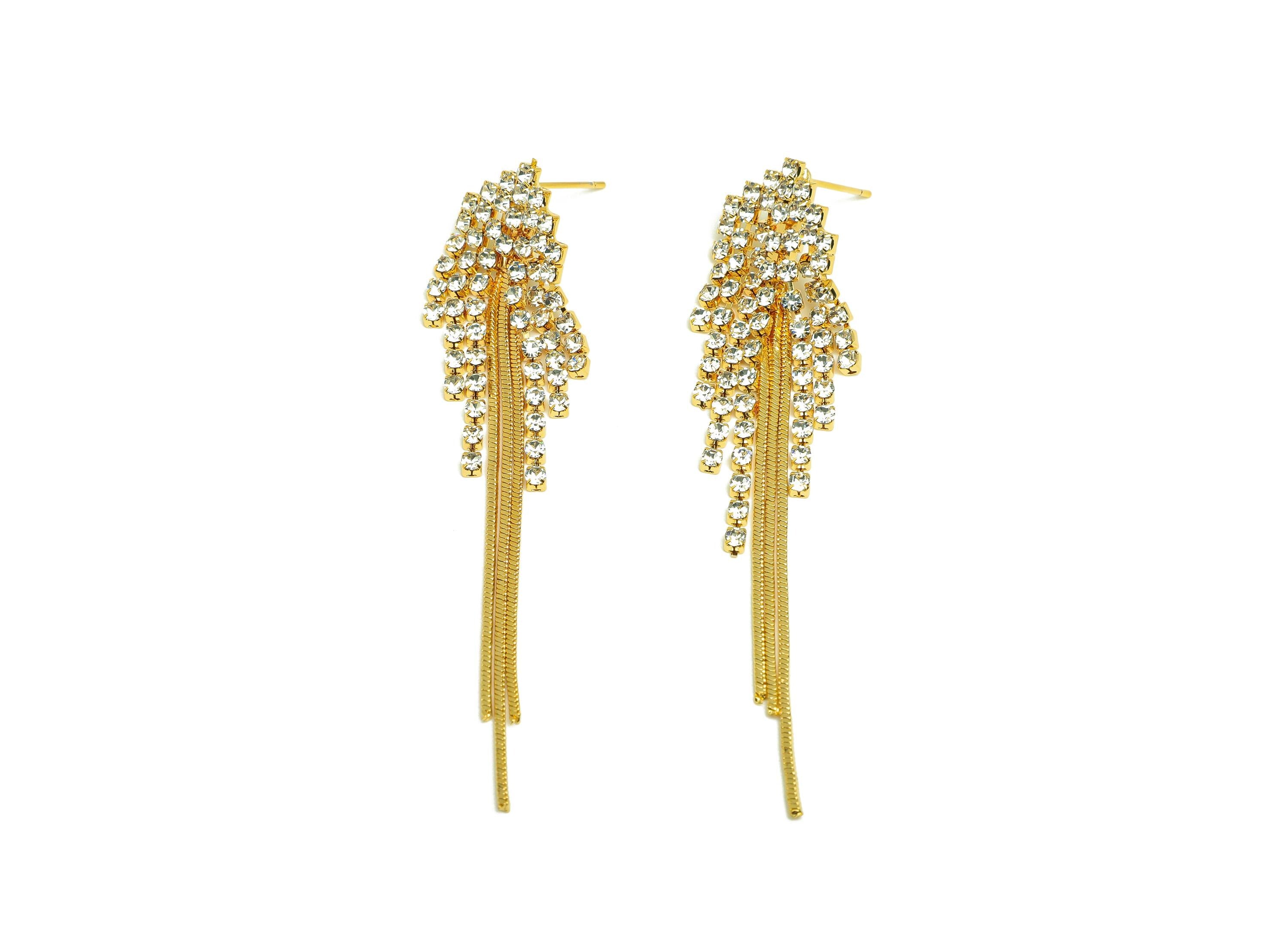 Brass Tassel Earring Stud - Brass CZ Triangle Tassel Earring Post - Zircon Snake Chian Post - 18K Real Gold Plated - 73x14x3mm - RGP7528 - DOMEDBAZAAR