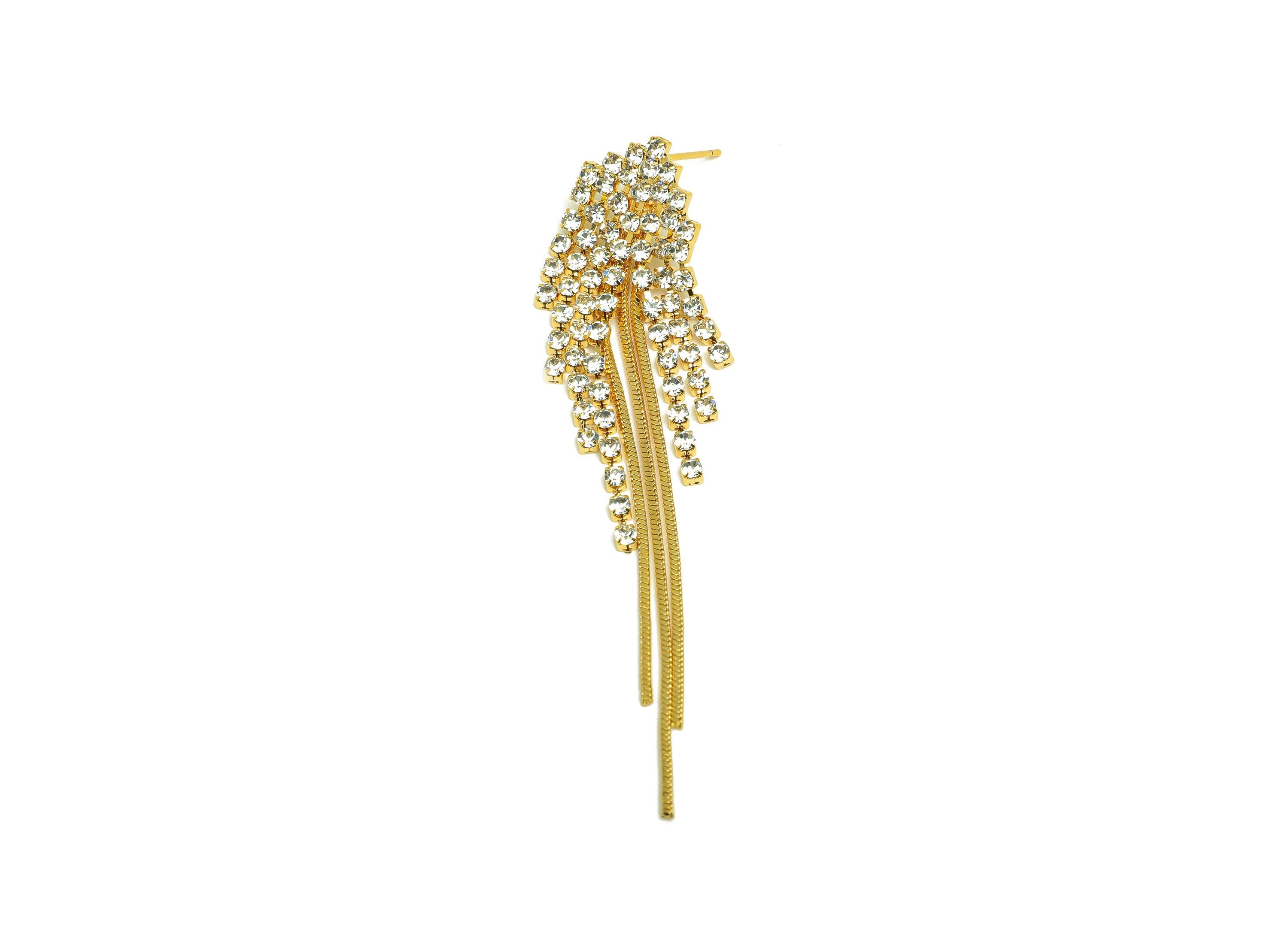 Brass Tassel Earring Stud - Brass CZ Triangle Tassel Earring Post - Zircon Snake Chian Post - 18K Real Gold Plated - 73x14x3mm - RGP7528 - DOMEDBAZAAR