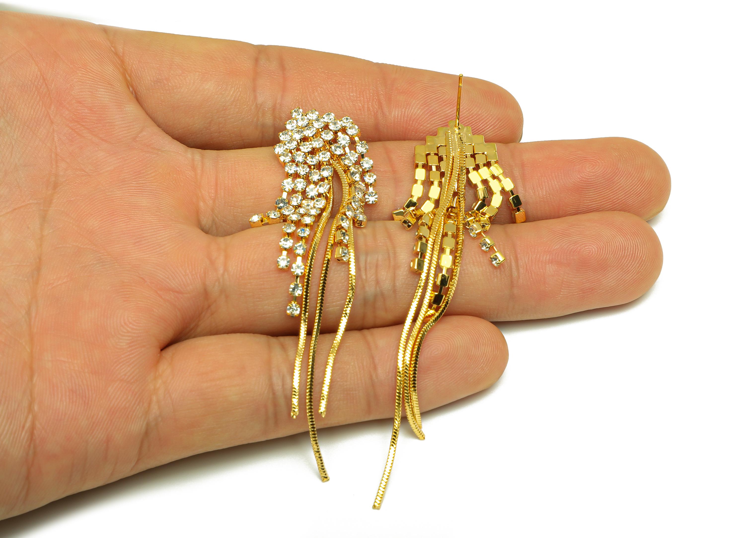 Brass Tassel Earring Stud - Brass CZ Triangle Tassel Earring Post - Zircon Snake Chian Post - 18K Real Gold Plated - 73x14x3mm - RGP7528 - DOMEDBAZAAR