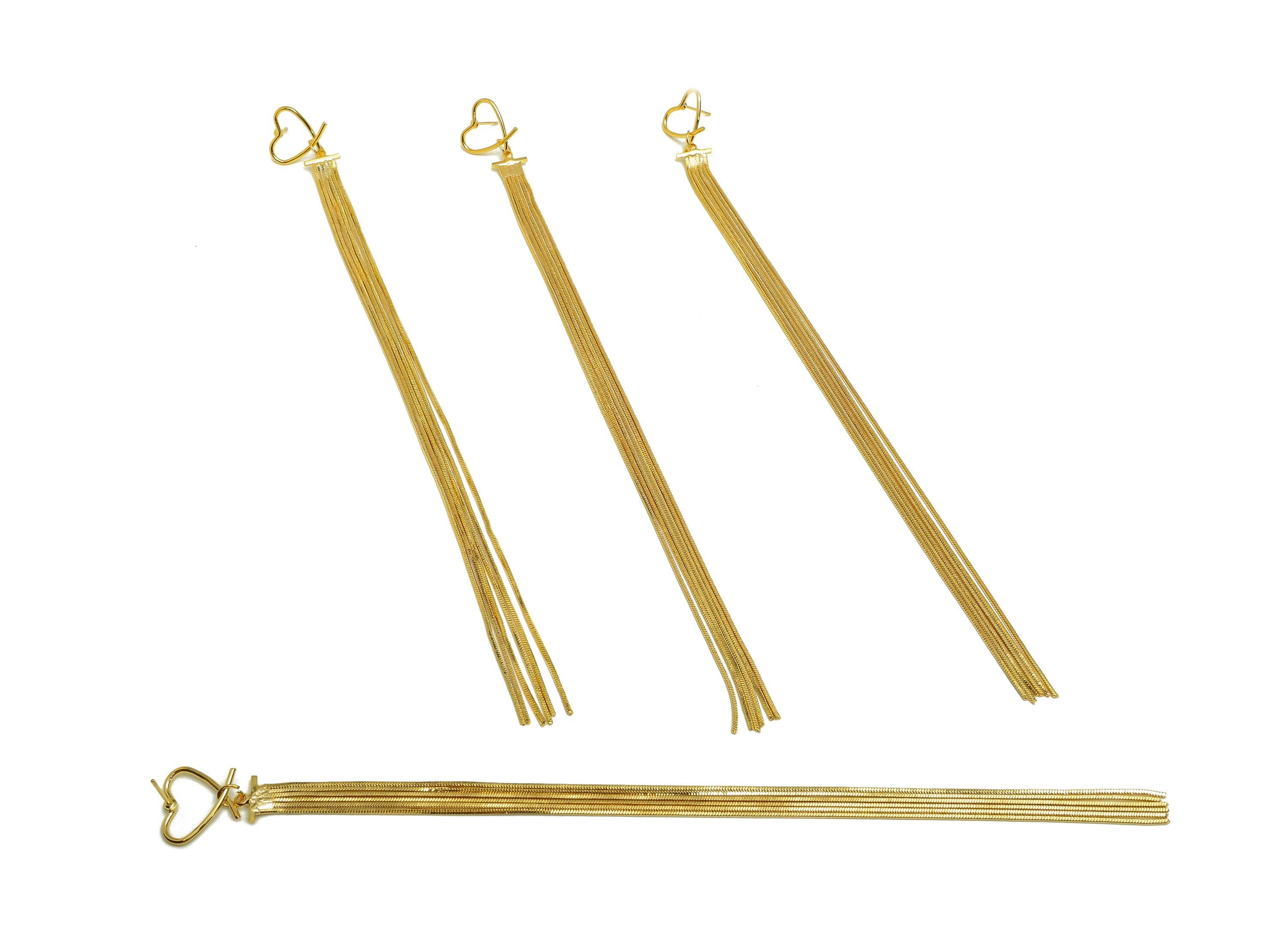 Brass Tassel Earring Stud - Brass Heart Tassel Earring Post - Heart Wire Snake Chain Post - 18K Real Gold Plated - 160x15x1mm - RGP7504 - DOMEDBAZAAR