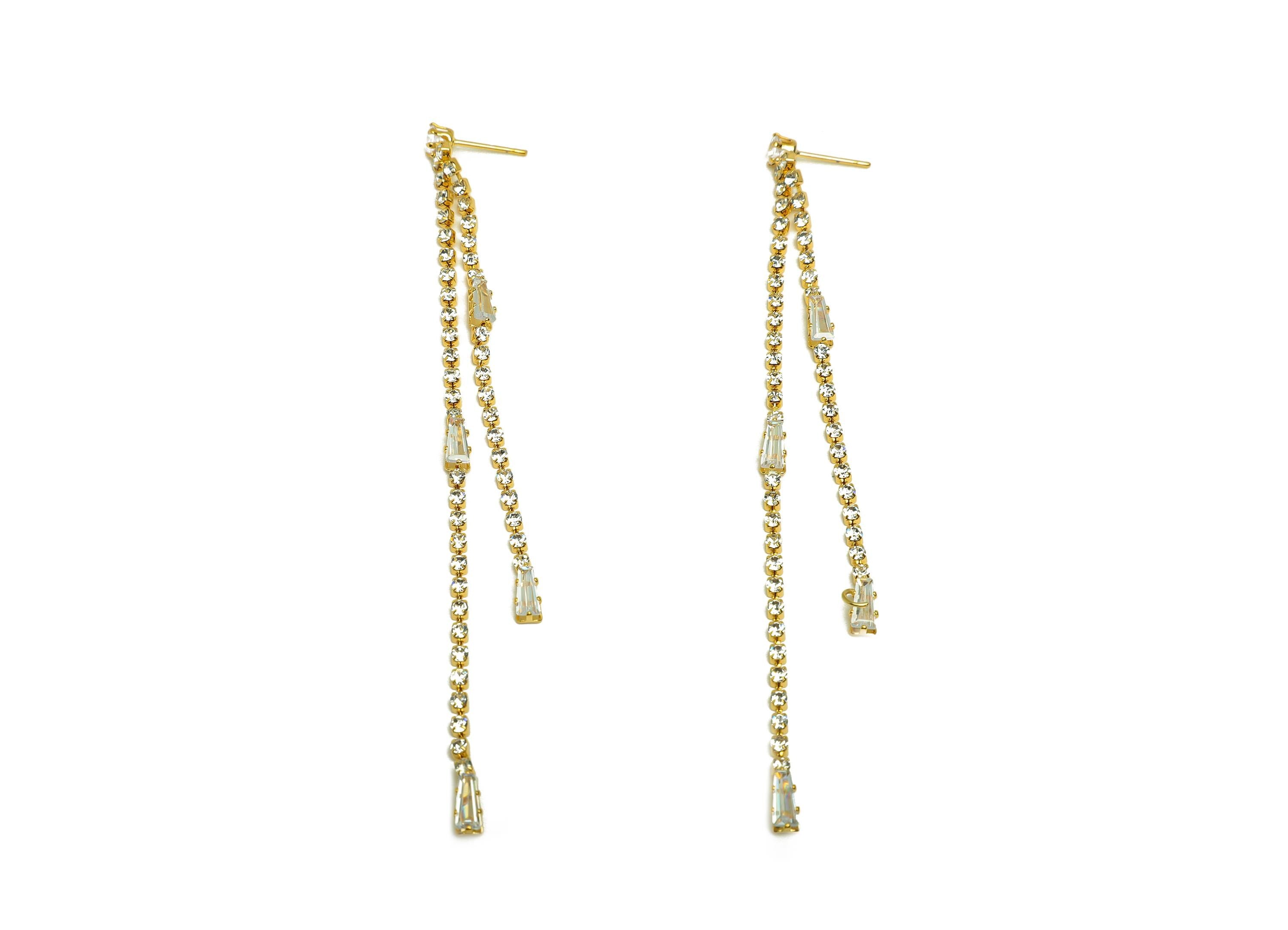 Brass Tassel Earring Stud - Brass CZ Trapezoid Tassel Earring Post - Cubic Zircon Tassel Post - 18K Real Gold Plated - 105x4x3.5mm - RGP7495 - DOMEDBAZAAR
