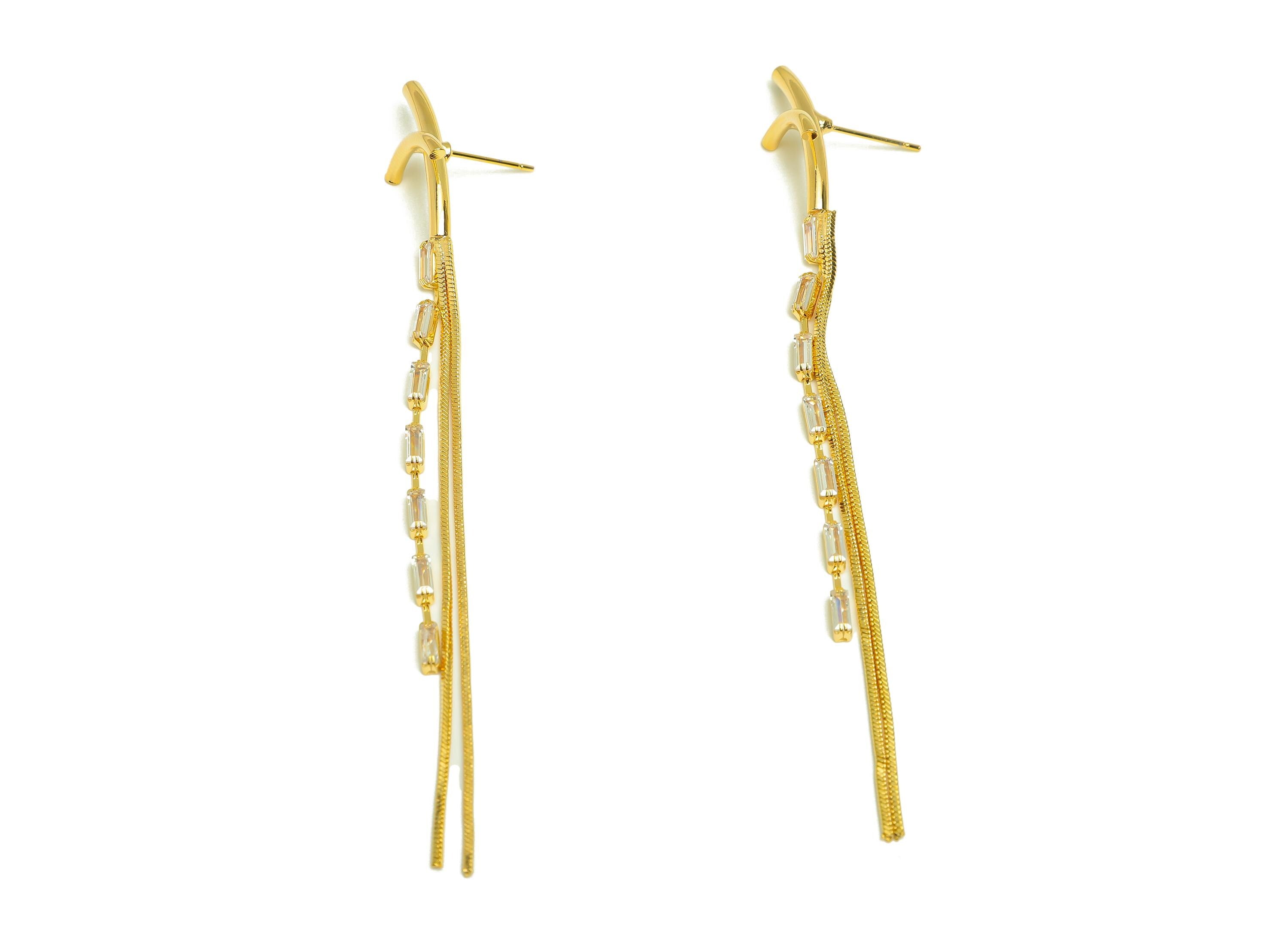 Brass Tassel Earring Stud - Bent Stick Tassel Earring Post -Rectangle Zircon Snake Chian Post - 18K Real Gold Plated - 100x13x2mm - RGP7535 - DOMEDBAZAAR