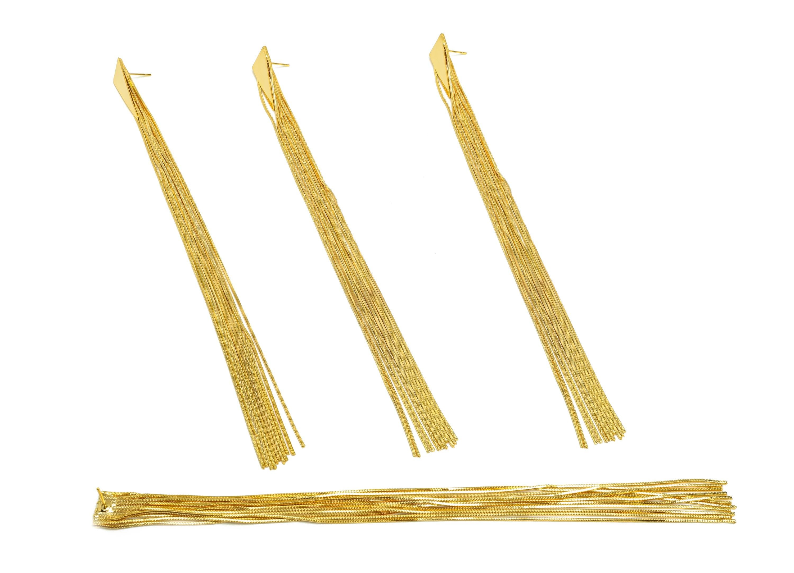 Brass Tassel Earring Stud - Brass Triangle Tassel Earring Post - Geometry Snake Chain Post - 18K Real Gold Plated - 178x10x1.44mm - RGP7503 - DOMEDBAZAAR