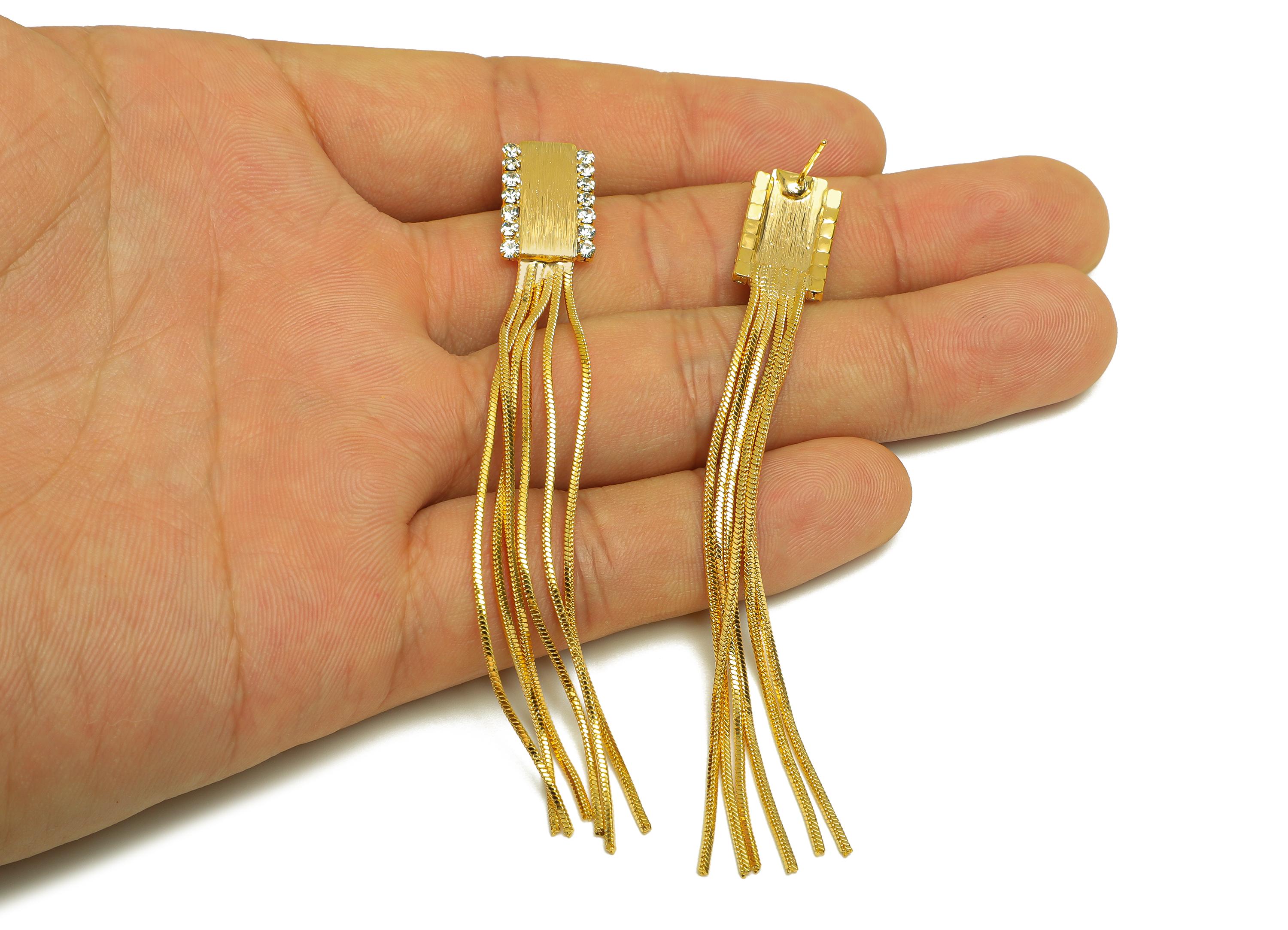 Brass Tassel Earring Stud - Brass Rectangle Earring Post - Zircon Snake Chain Tassel Post - 18K Real Gold Plated - 87x10x2.02mm - RGP7529 - DOMEDBAZAAR