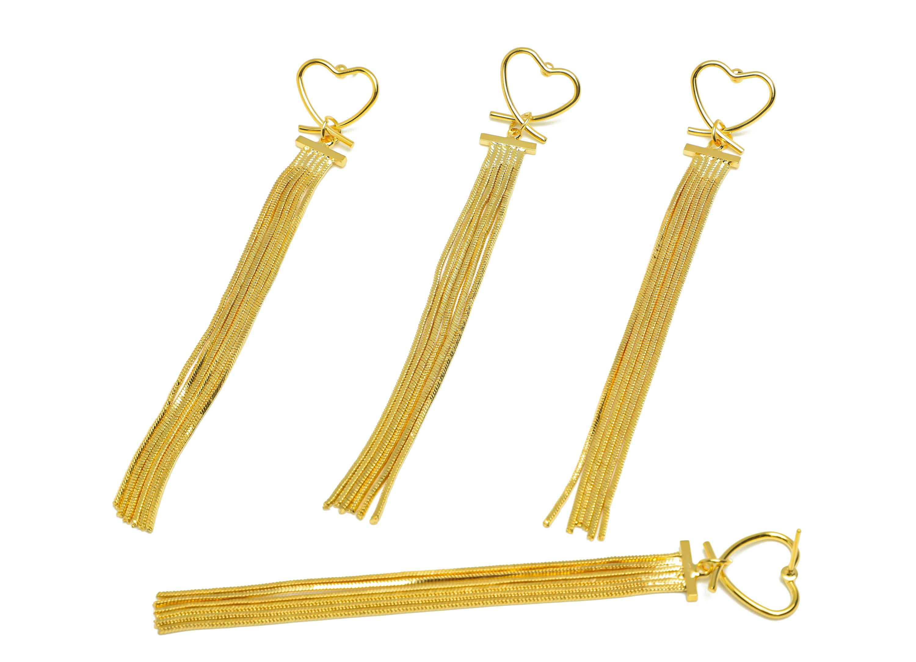 Brass Tassel Earring Stud - Brass Heart Tassel Earring Post - Heart Wire Snake Chain Post - 18K Real Gold Plated - 99.9x1.5x1.34mm - RGP7523 - DOMEDBAZAAR