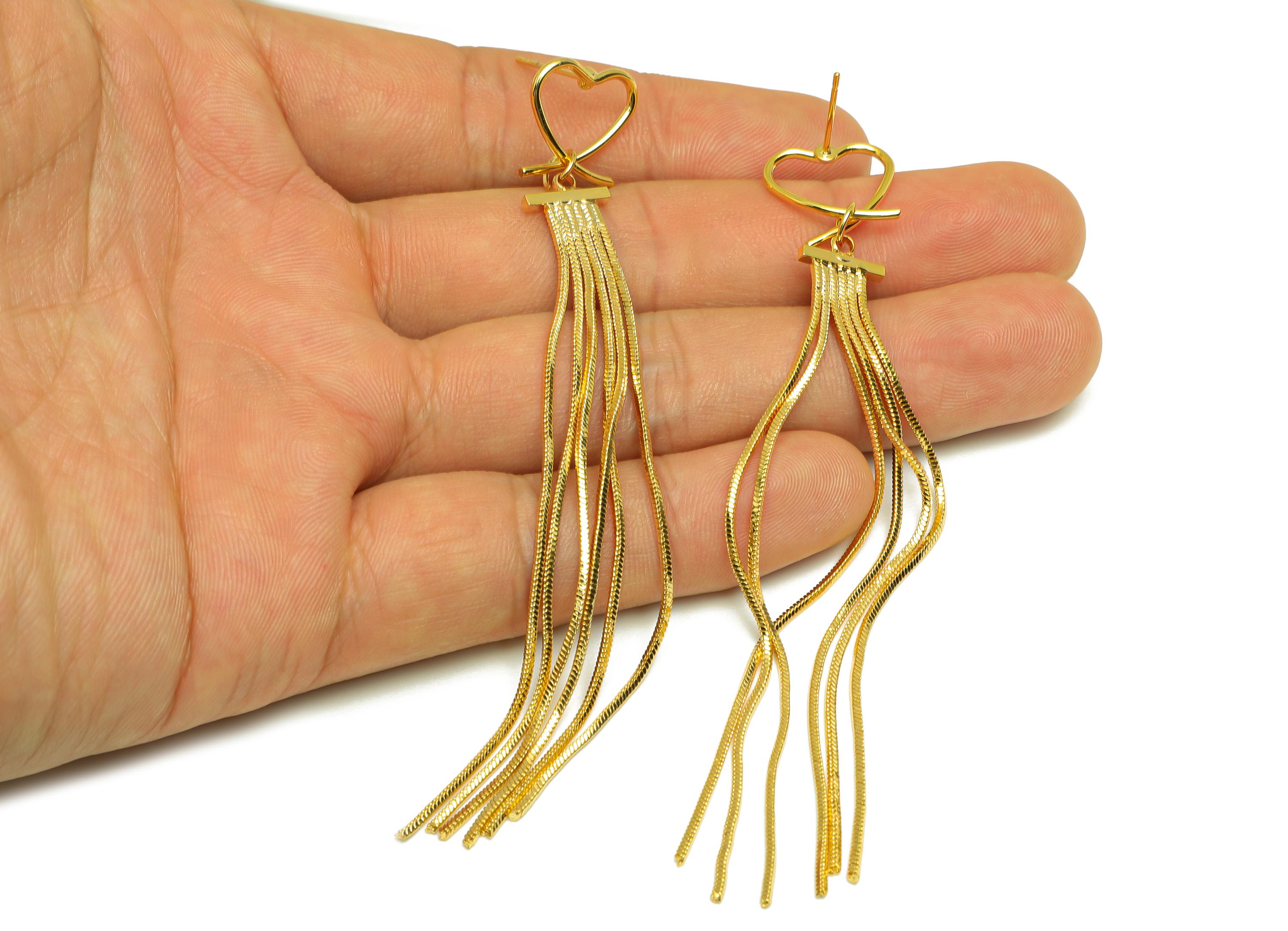 Brass Tassel Earring Stud - Brass Heart Tassel Earring Post - Heart Wire Snake Chain Post - 18K Real Gold Plated - 99.9x1.5x1.34mm - RGP7523 - DOMEDBAZAAR