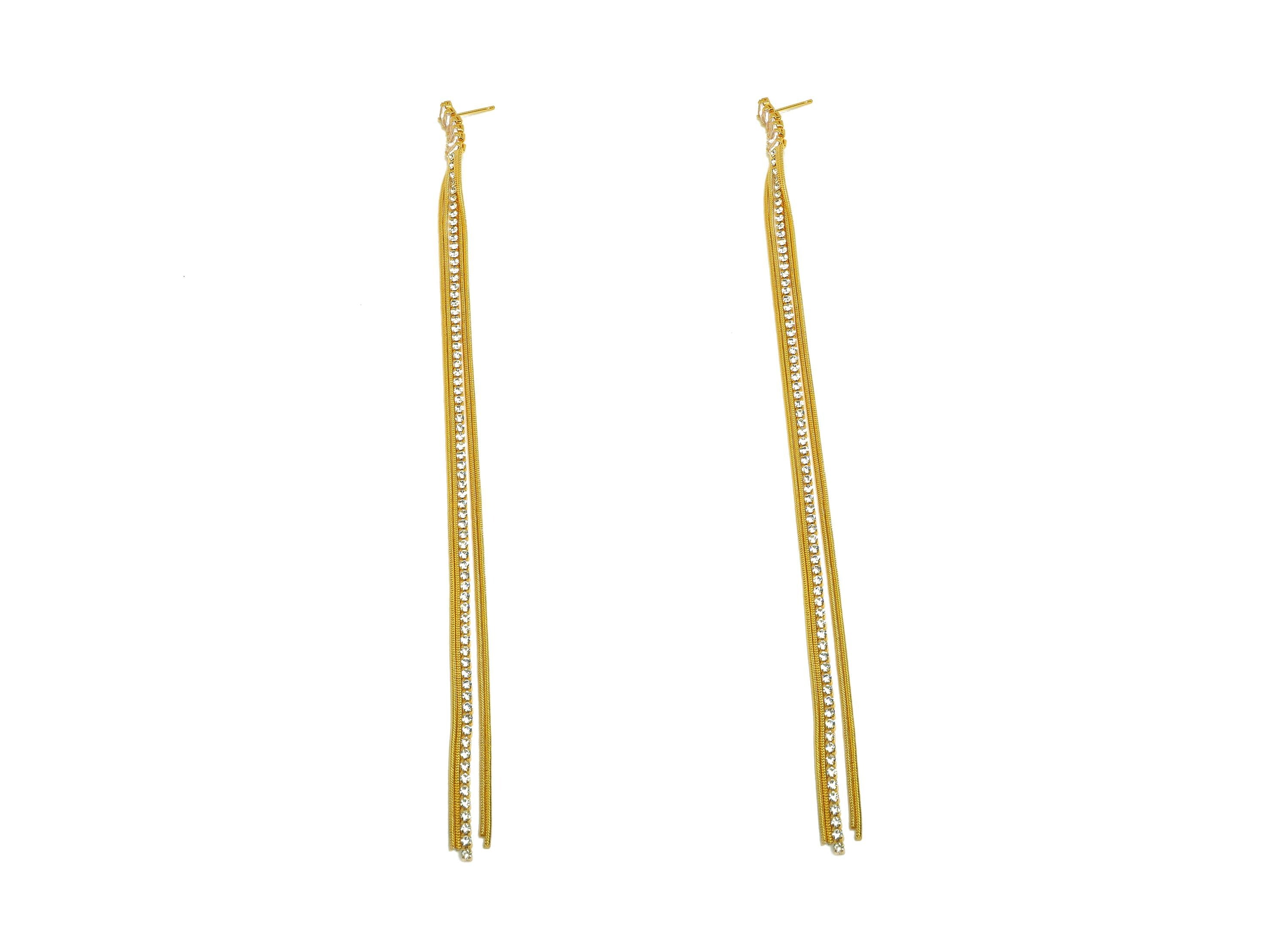 Brass Tassel Earring Stud - Rectangle Tassel Earring Post - Brass Zircon Long Snake Chian Post - 18K Real Gold Plated - 190x5x2mm - RGP7507 - DOMEDBAZAAR