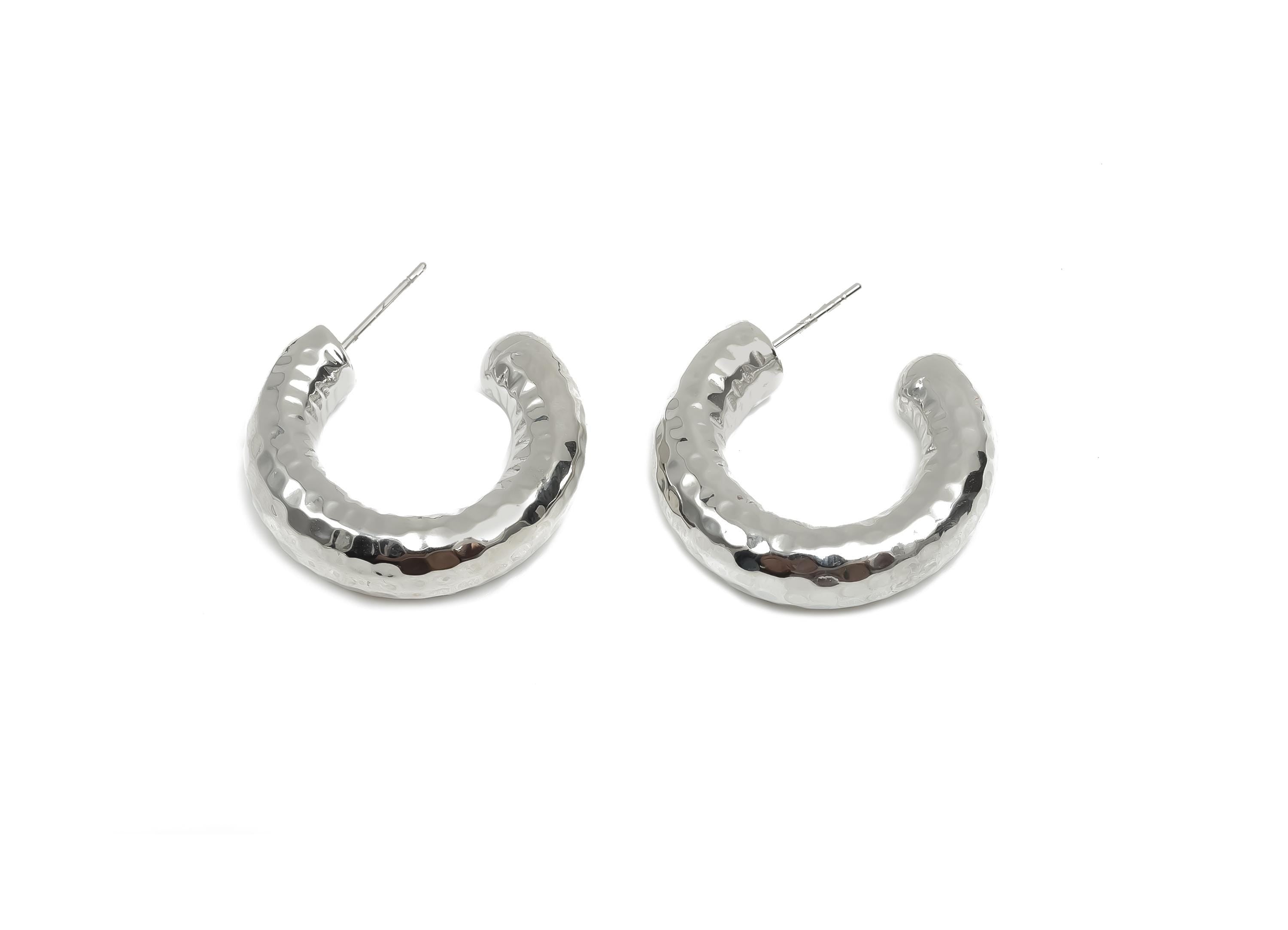 Brass Hoop Earring Stud - Thick Open Hoop Earring Post - Textured Hoop Earring Post - 18K Real White Gold Plating - 30x28x7.1mm - RGP8110 - DOMEDBAZAAR
