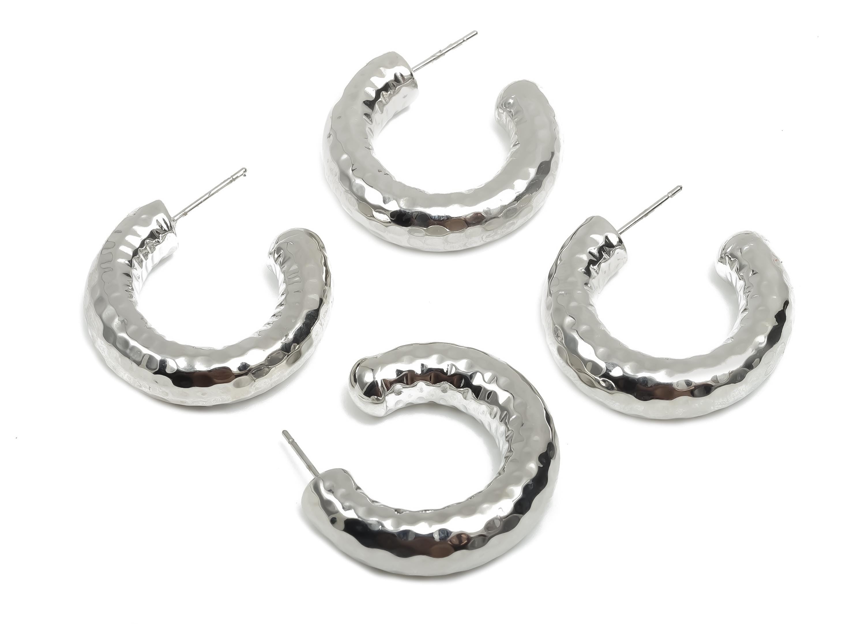 Brass Hoop Earring Stud - Thick Open Hoop Earring Post - Textured Hoop Earring Post - 18K Real White Gold Plating - 30x28x7.1mm - RGP8110 - DOMEDBAZAAR