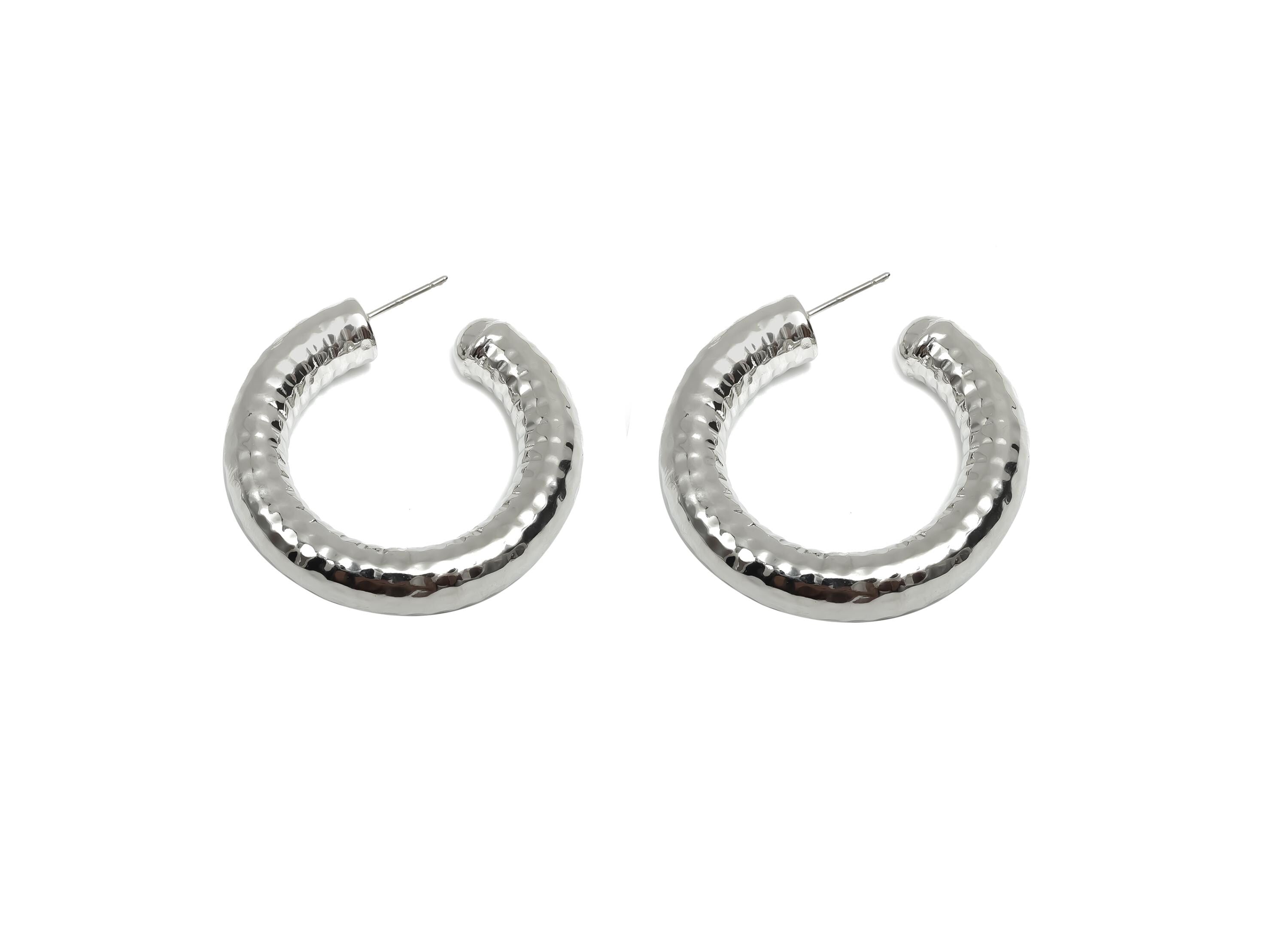Brass Hoop Earring Stud - Thick Open Hoop Earring Post - Textured Hoop Earring Post - 18K Real White Gold Plating - 40x40x8mm - RGP8111 - DOMEDBAZAAR