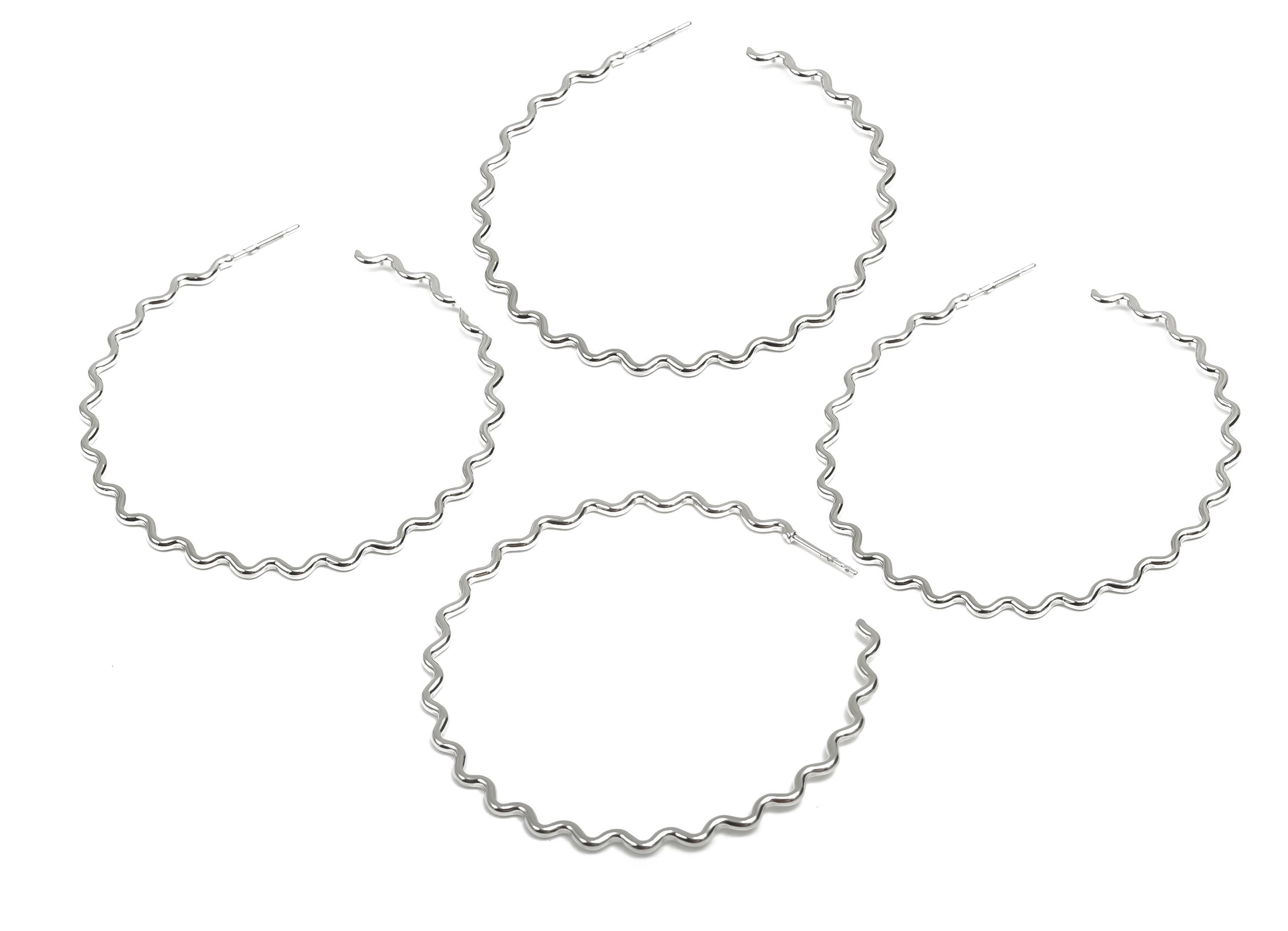 Brass Hoop Earring Stud - Brass Open Hoop Earring Post - Brass Wavy Hoop Earring Post - 18K Real White Gold Plated - 53x53x1.48mm - RGP8100 - DOMEDBAZAAR