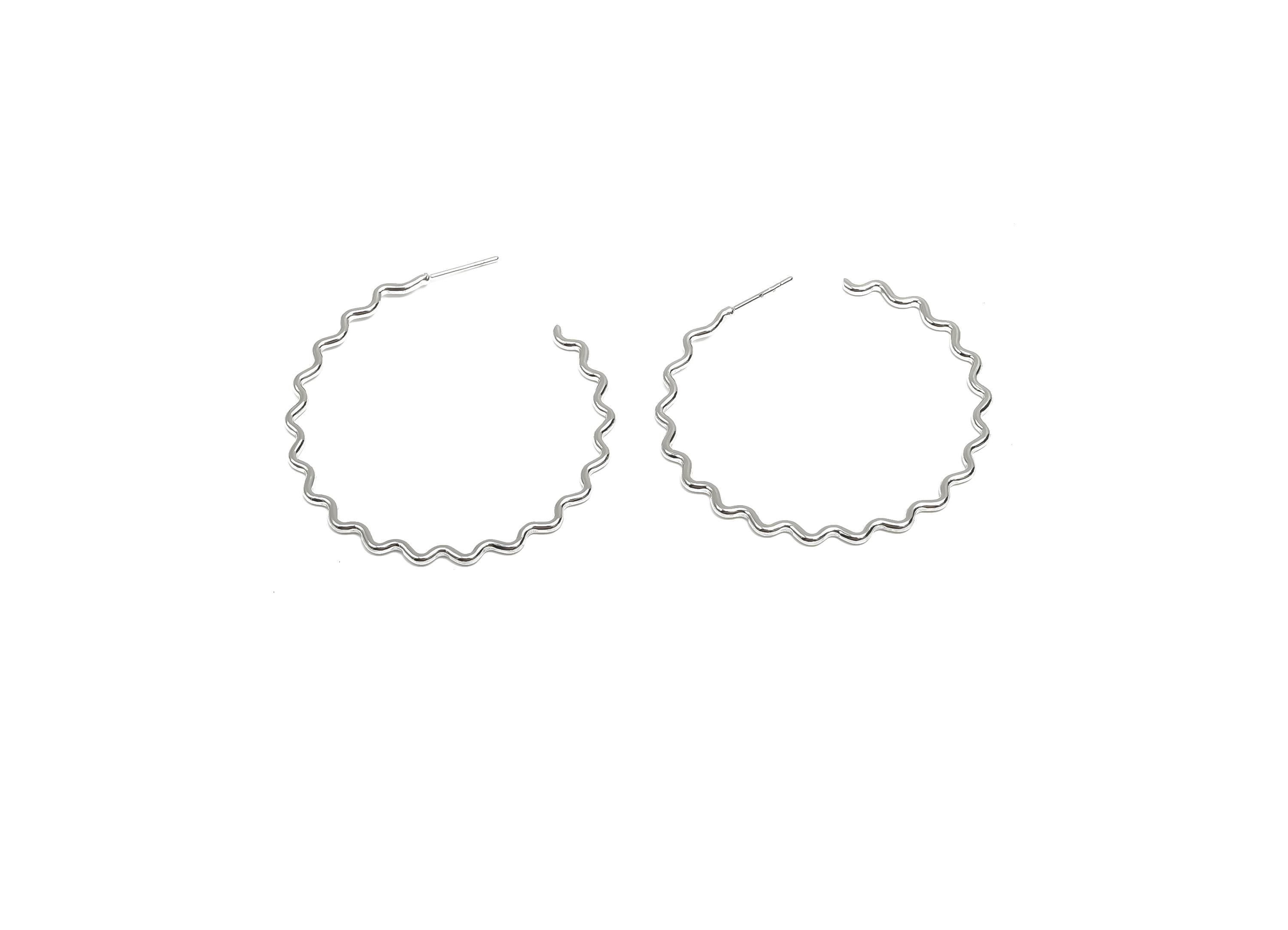 Brass Hoop Earring Stud - Brass Open Hoop Earring Post - Brass Wavy Hoop Earring Post - 18K Real White Gold Plated - 46x44x1.38mm - RGP8101 - DOMEDBAZAAR