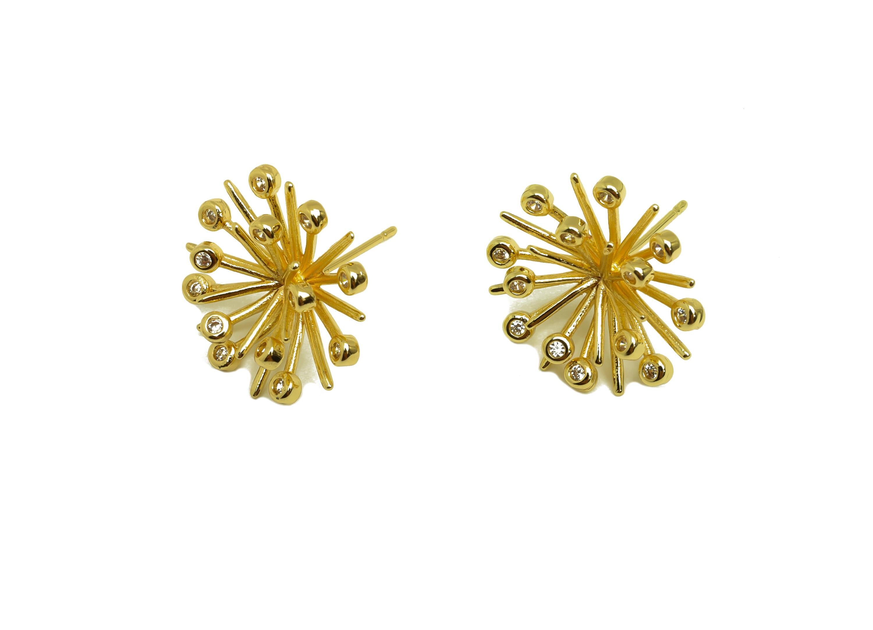 Brass Spike Earring - Gold Zircon Spike Earring Stud - Cubic Zircon Spike Earring Post - 18K Real Gold Plating - 20.08x20.63x7.1mm - RGP7979 - DOMEDBAZAAR