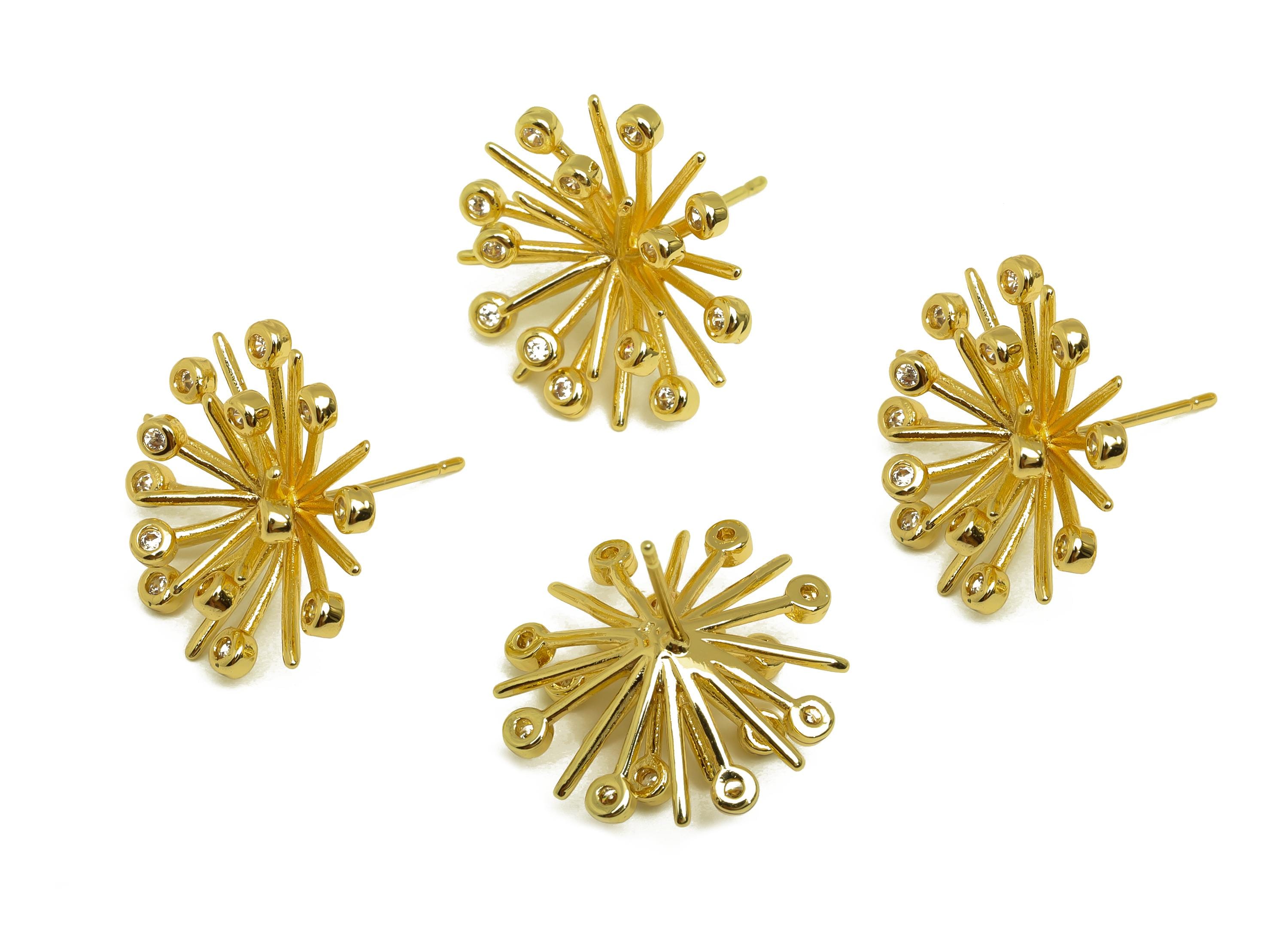 Brass Spike Earring - Gold Zircon Spike Earring Stud - Cubic Zircon Spike Earring Post - 18K Real Gold Plating - 20.08x20.63x7.1mm - RGP7979 - DOMEDBAZAAR