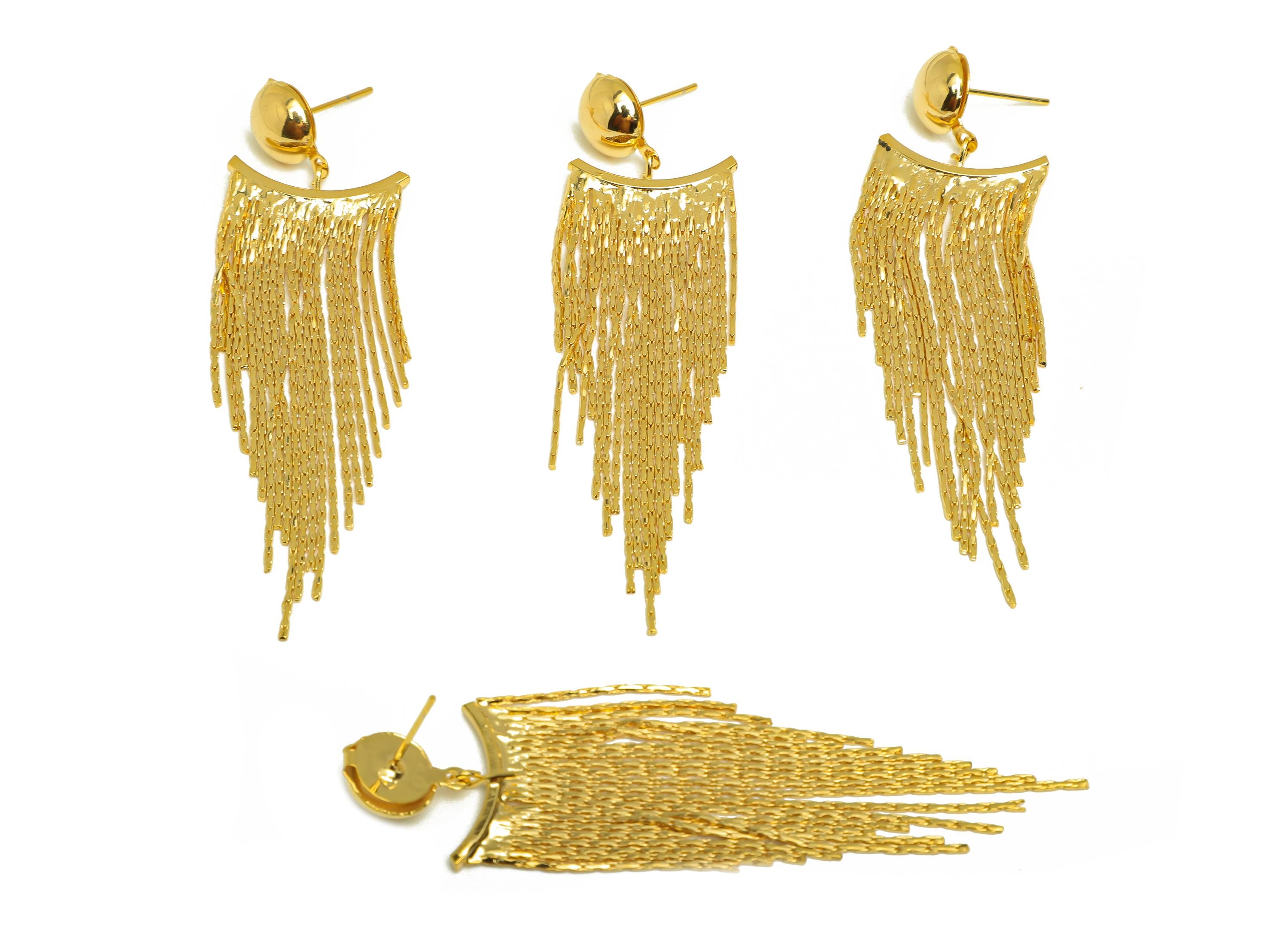 Brass Tassel Earring Stud - Bead Tassel Earring Post - Zircon Bent Snake Chain Tassel Post - 18K Real Gold Plated - 72.57x20x4.3mm - RGP7521 - DOMEDBAZAAR