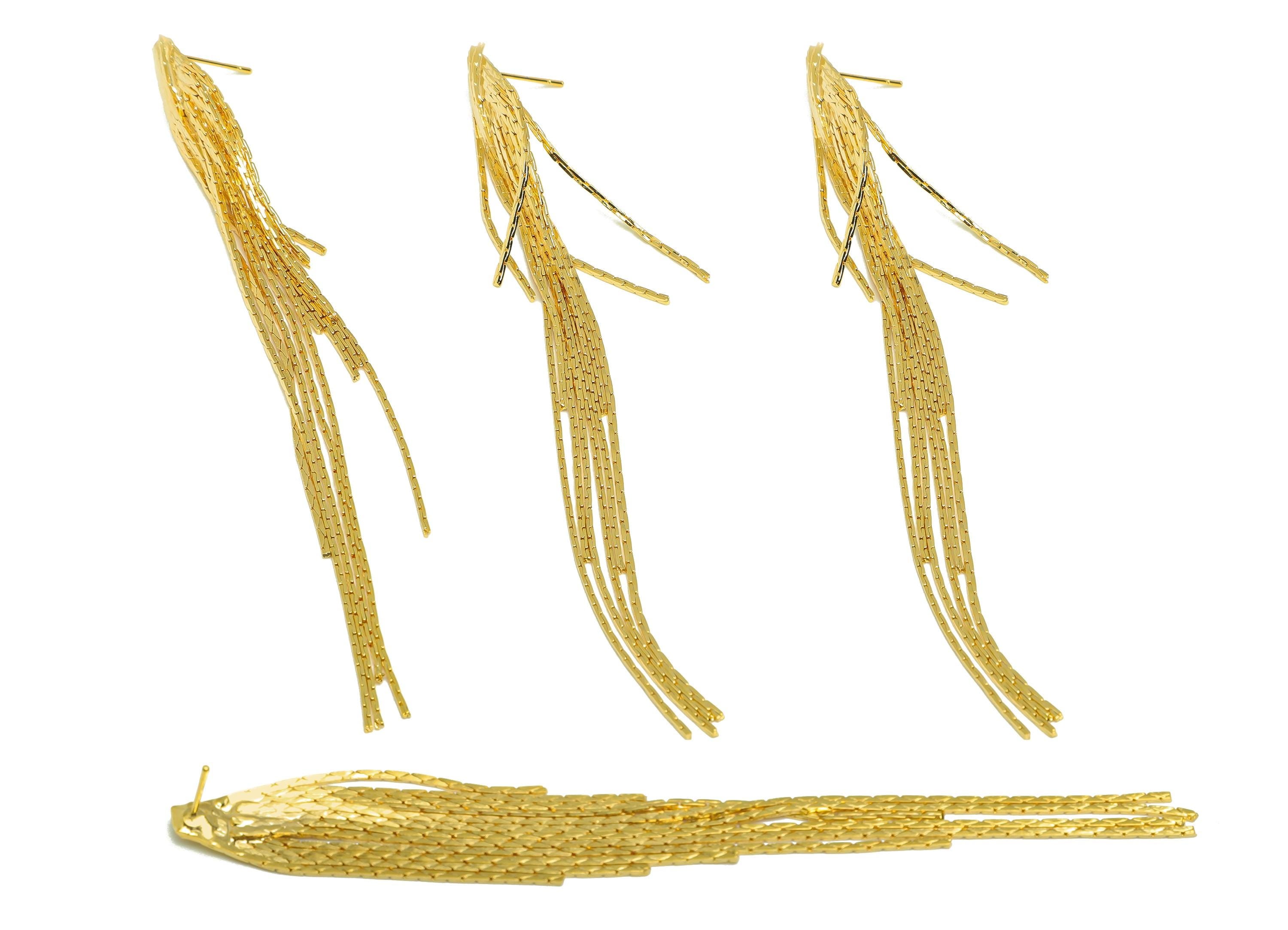 Brass Tassel Earring Stud - Brass Tassel Earring Post - Brass Snake Chian Tassel Earring Post - 18K Real Gold Plated - 118x11x2mm - RGP7534 - DOMEDBAZAAR