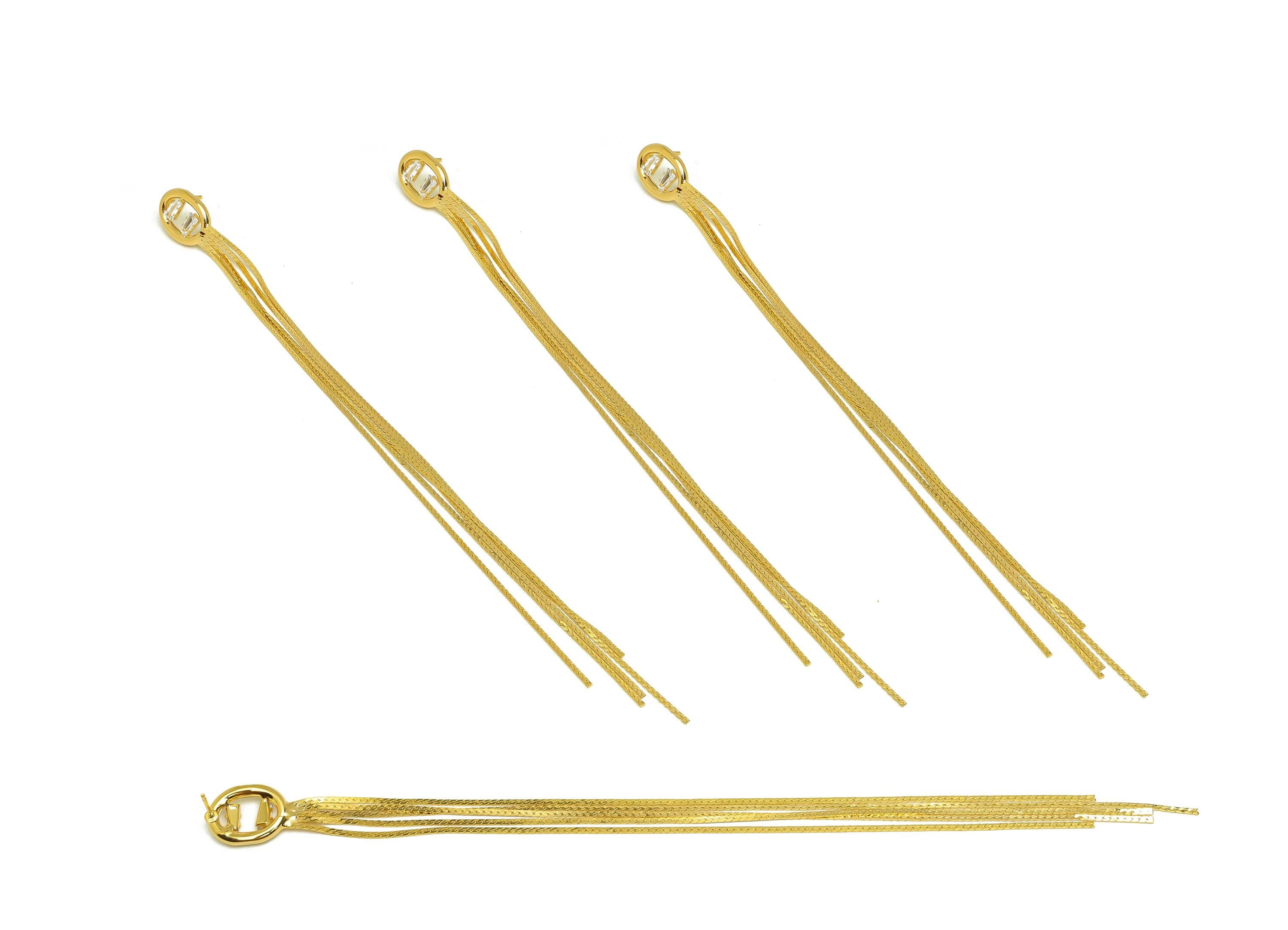 Brass Tassel Earring Stud - Brass Oval Tassel Earring Post - Zircon Snake Chain Tassel Post - 18K Real Gold Plated - 190x12x3mm - RGP7516 - DOMEDBAZAAR