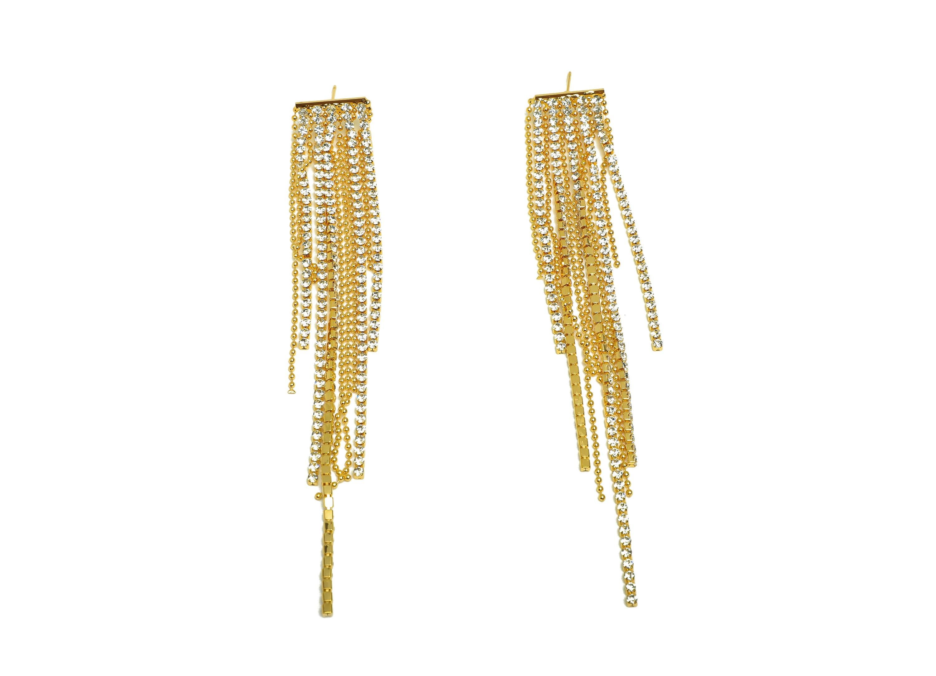Brass Tassel Earring Stud - Brass CZ Tassel Earring Post - Zircon Tassel Beaded Chain Post - 18K Real Gold Plated - 127x17x1.9mm - RGP7519 - DOMEDBAZAAR