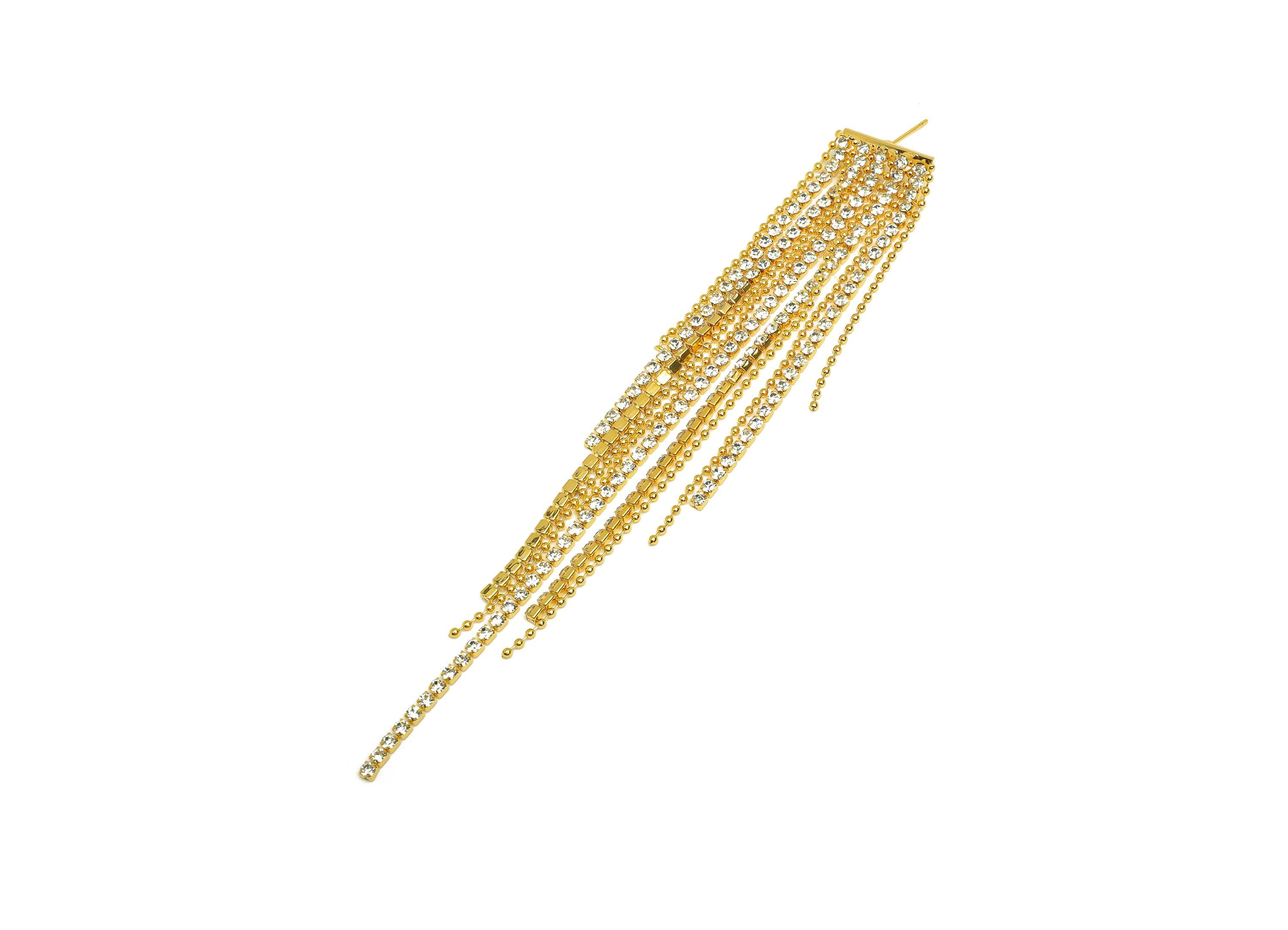 Brass Tassel Earring Stud - Brass CZ Tassel Earring Post - Zircon Tassel Beaded Chain Post - 18K Real Gold Plated - 127x17x1.9mm - RGP7519 - DOMEDBAZAAR