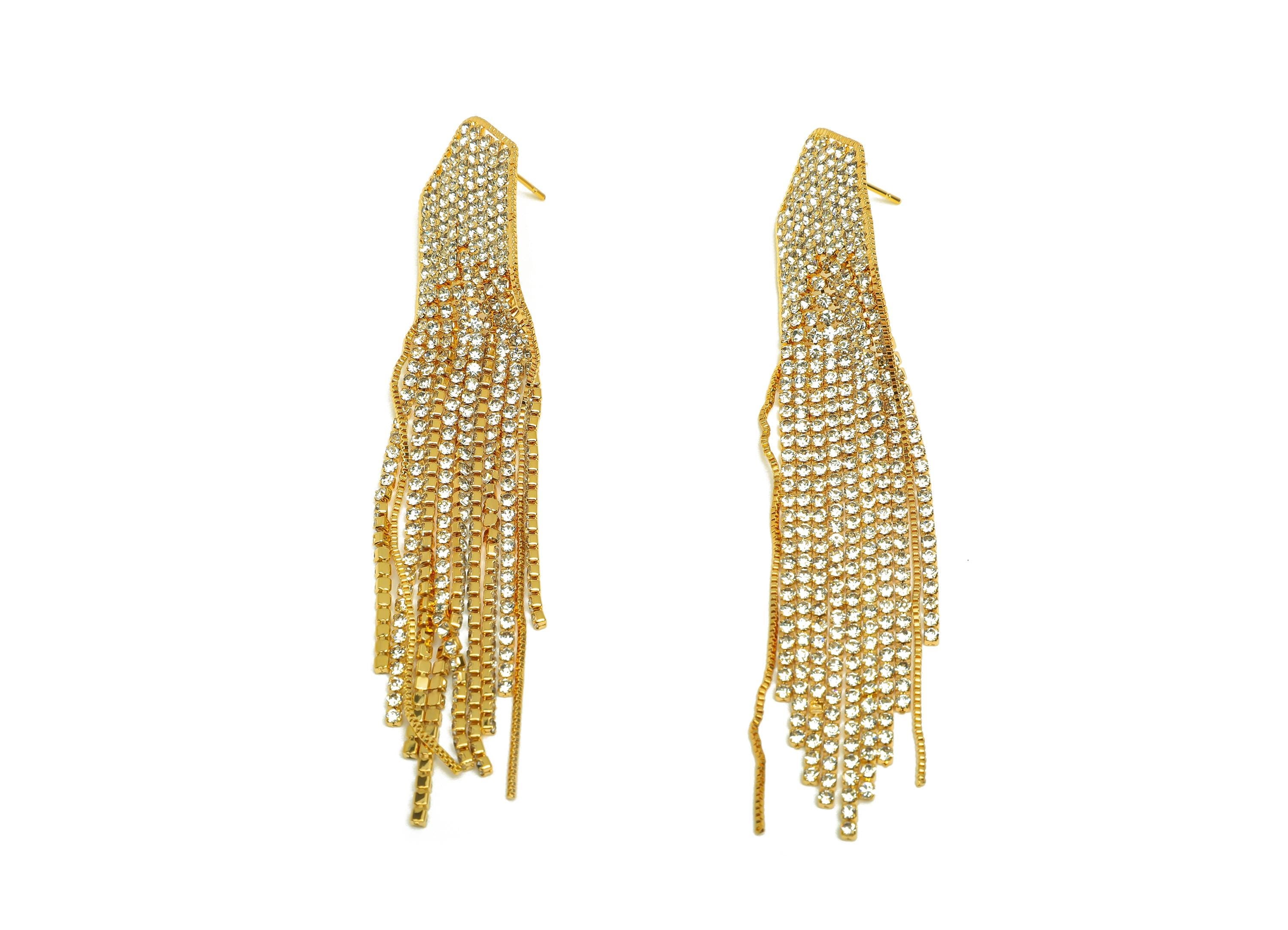 Brass Tassel Earring Stud - Brass Geometry Tassel Earring Post - Zircon Box Chain Tassel Post - 18K Real Gold Plated - 90x17x1mm - RGP7517 - DOMEDBAZAAR