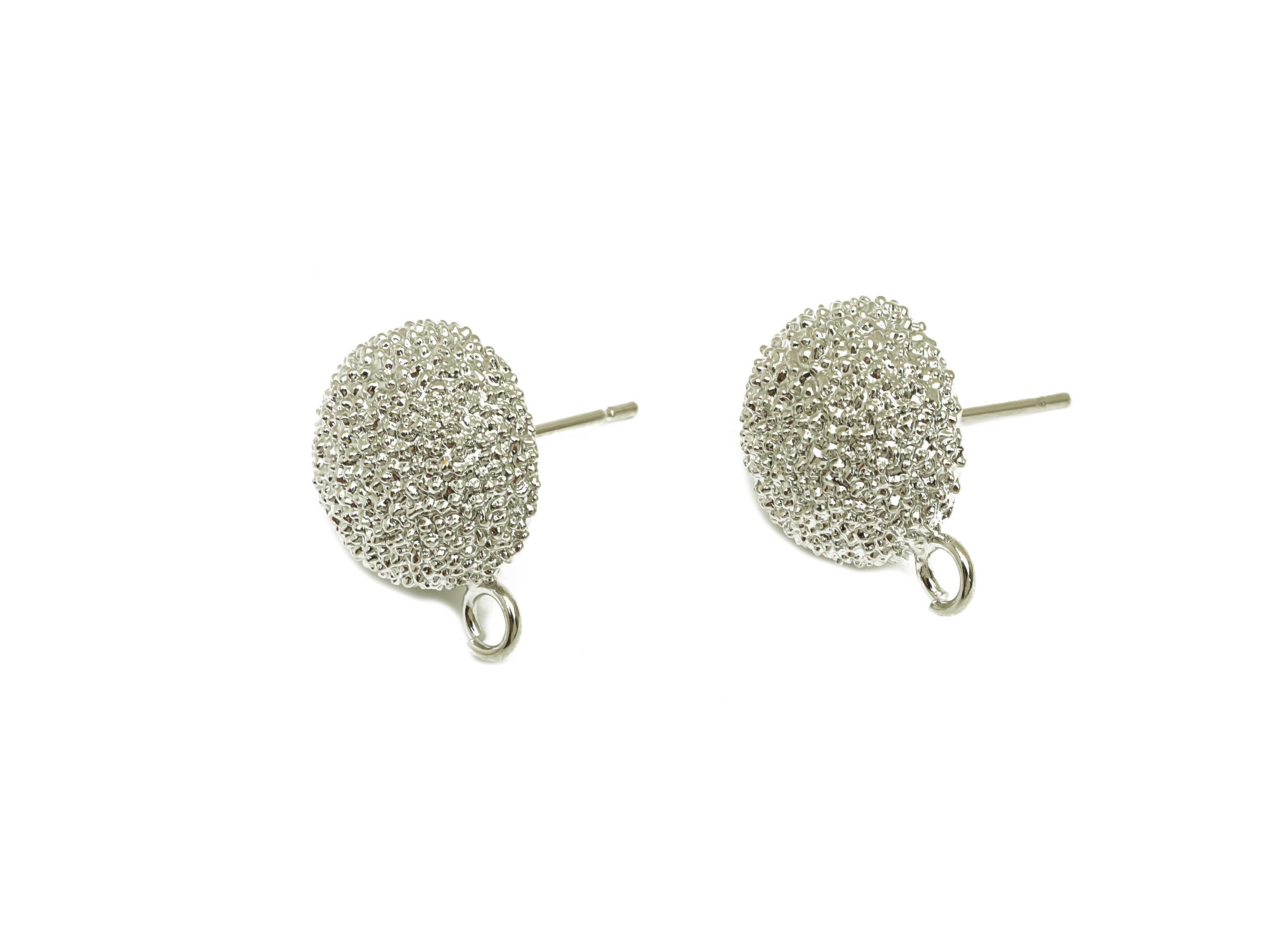 Brass Round Earring Stud - Textured Earring Post - Frosted Twine Wire Earring Post - 18K Real White Gold Plating - 18x17x13.65mm - RGP7766 - DOMEDBAZAAR
