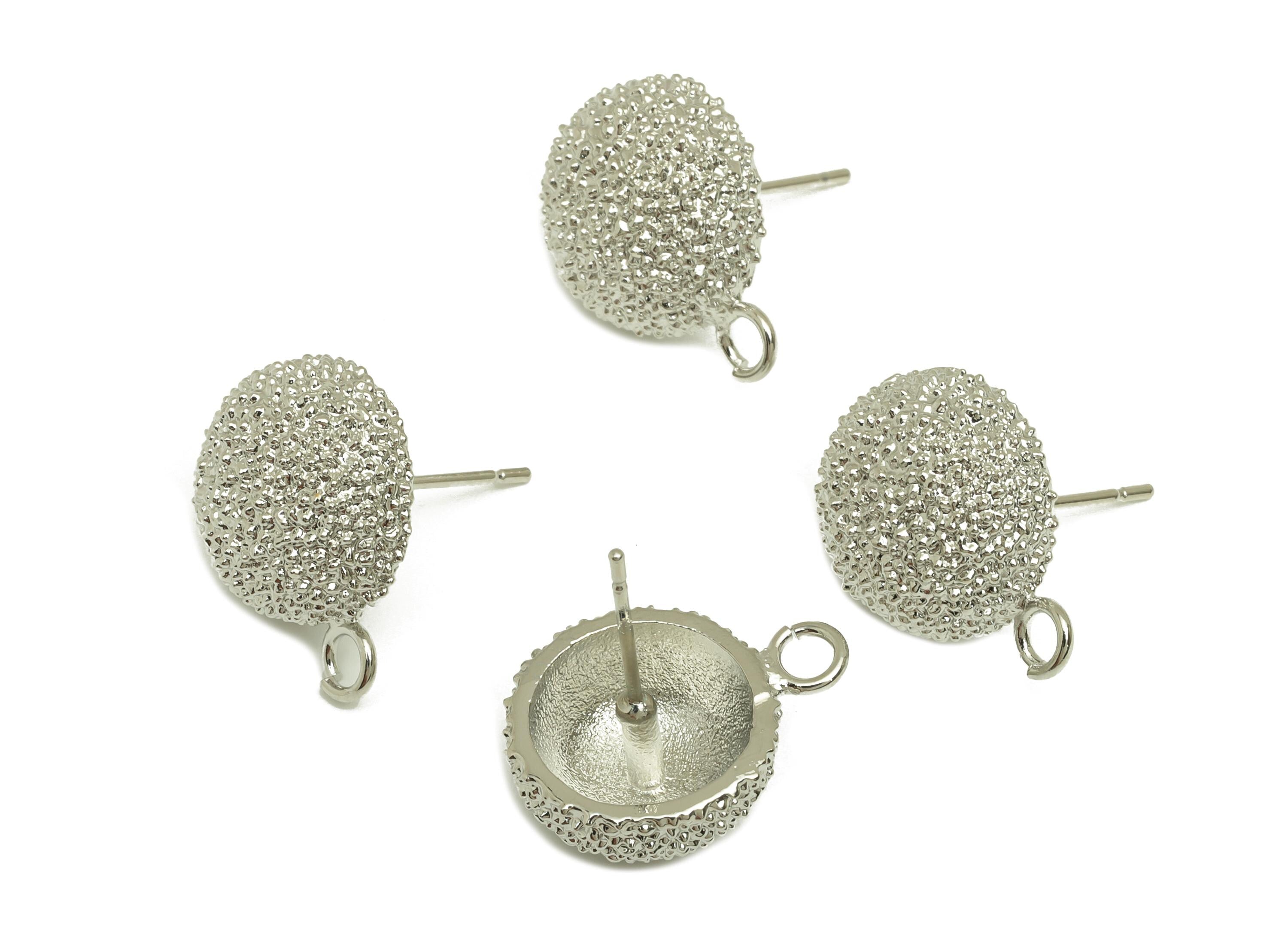 Brass Round Earring Stud - Textured Earring Post - Frosted Twine Wire Earring Post - 18K Real White Gold Plating - 18x17x13.65mm - RGP7766 - DOMEDBAZAAR