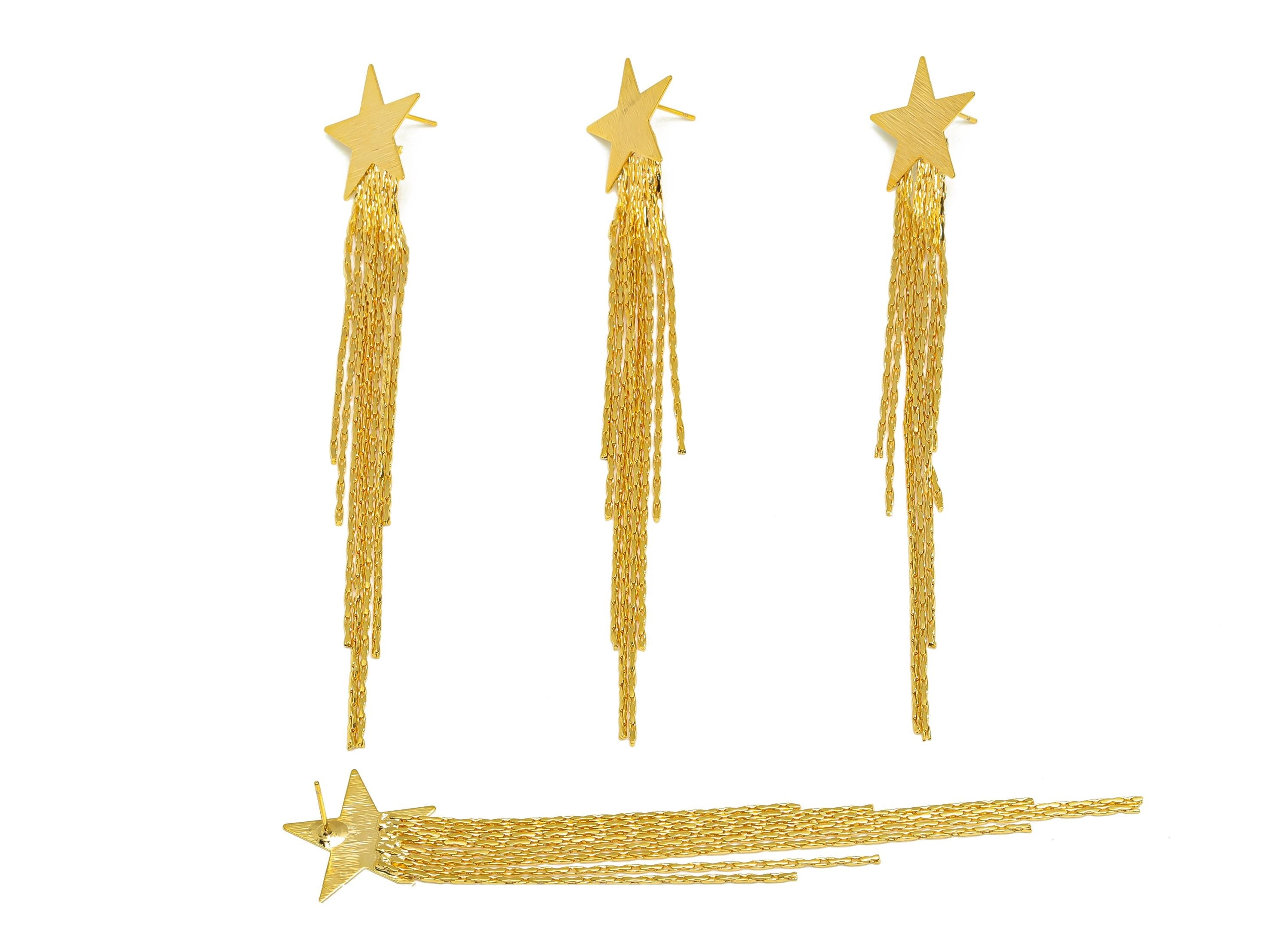 Brass Tassel Star Earring - Textured Star Tassel Earring Post - Gold Snake Chian Ear Stud- 18K Real Gold Plated - 106.48x20x0.85mm - RGP7492 - DOMEDBAZAAR