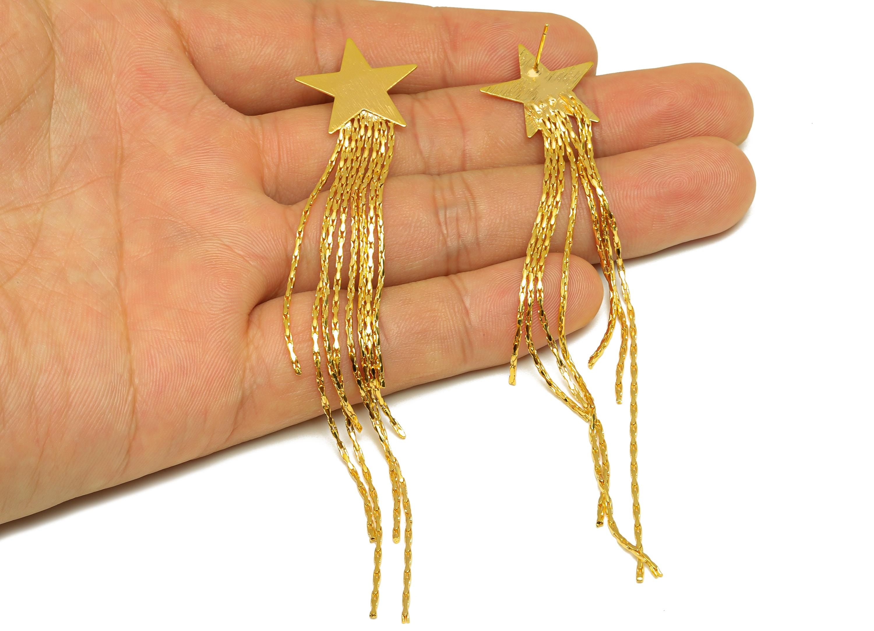 Brass Tassel Star Earring - Textured Star Tassel Earring Post - Gold Snake Chian Ear Stud- 18K Real Gold Plated - 106.48x20x0.85mm - RGP7492 - DOMEDBAZAAR