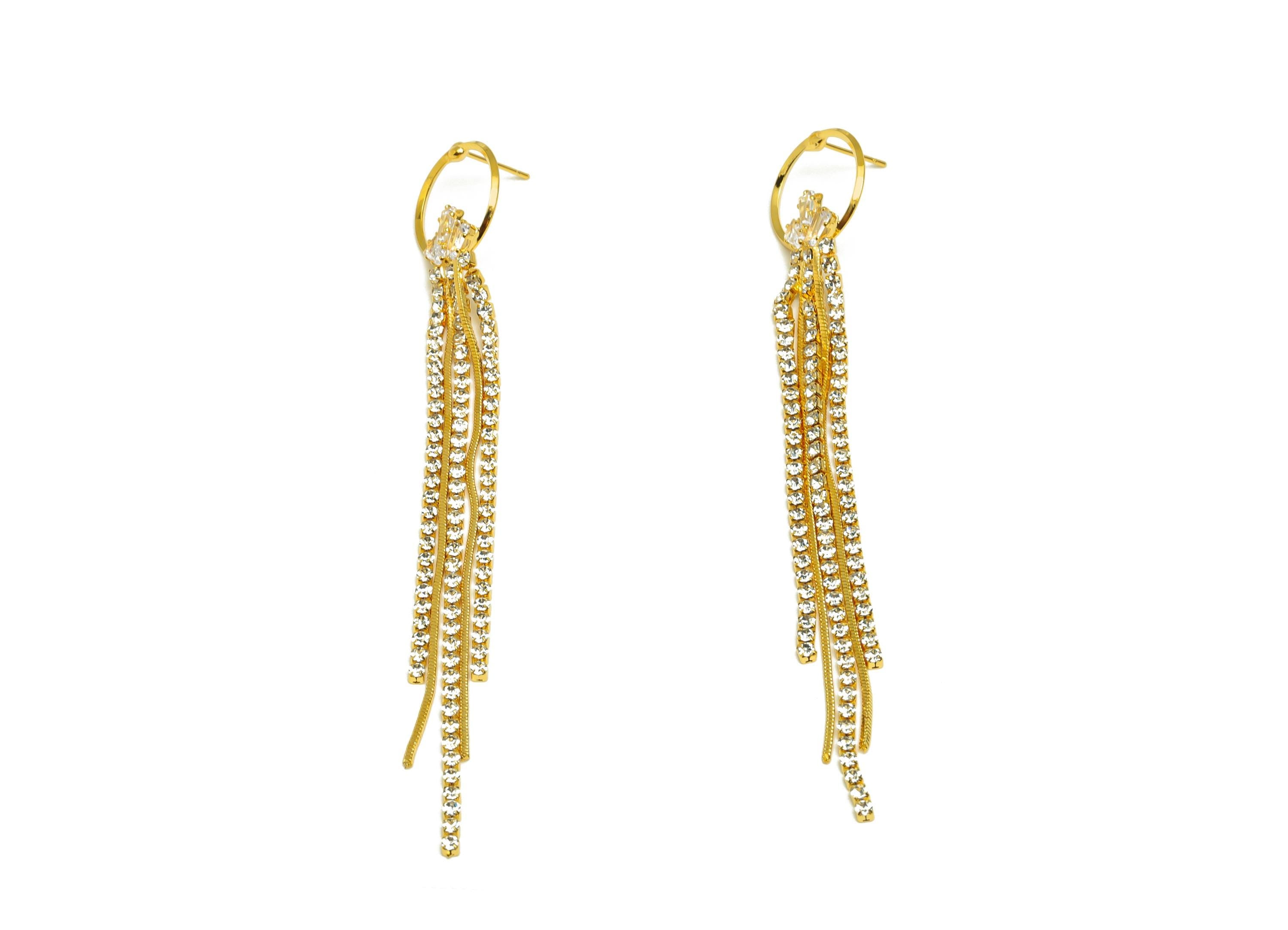 Zircon Tassel Earring Stud - Brass Round Tassel Earring Post - Zircon Snake Chian Earring - 18K Real Gold Plated - 110.8x17.2x1.33mm-RGP7493 - DOMEDBAZAAR