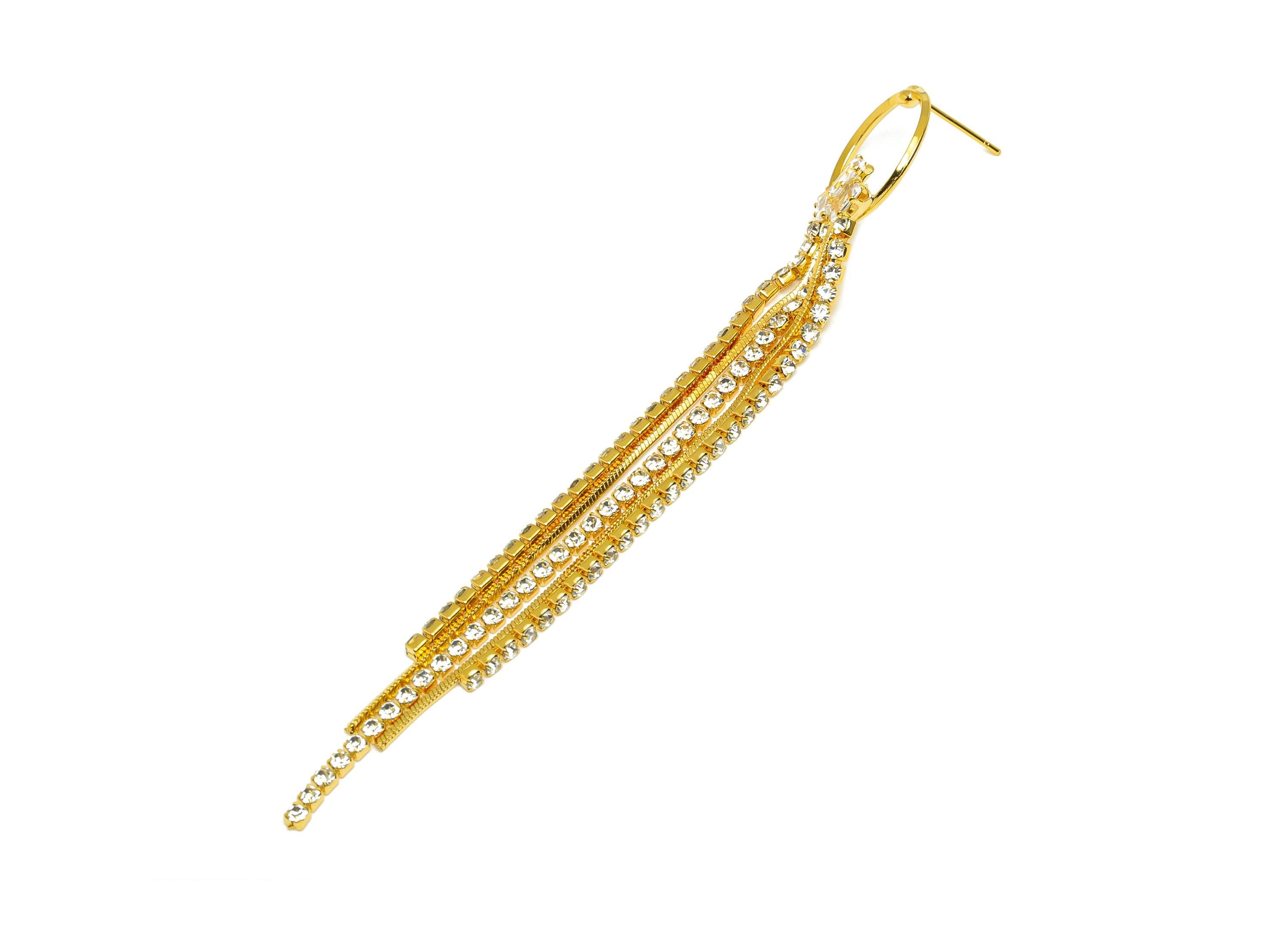 Zircon Tassel Earring Stud - Brass Round Tassel Earring Post - Zircon Snake Chian Earring - 18K Real Gold Plated - 110.8x17.2x1.33mm-RGP7493 - DOMEDBAZAAR