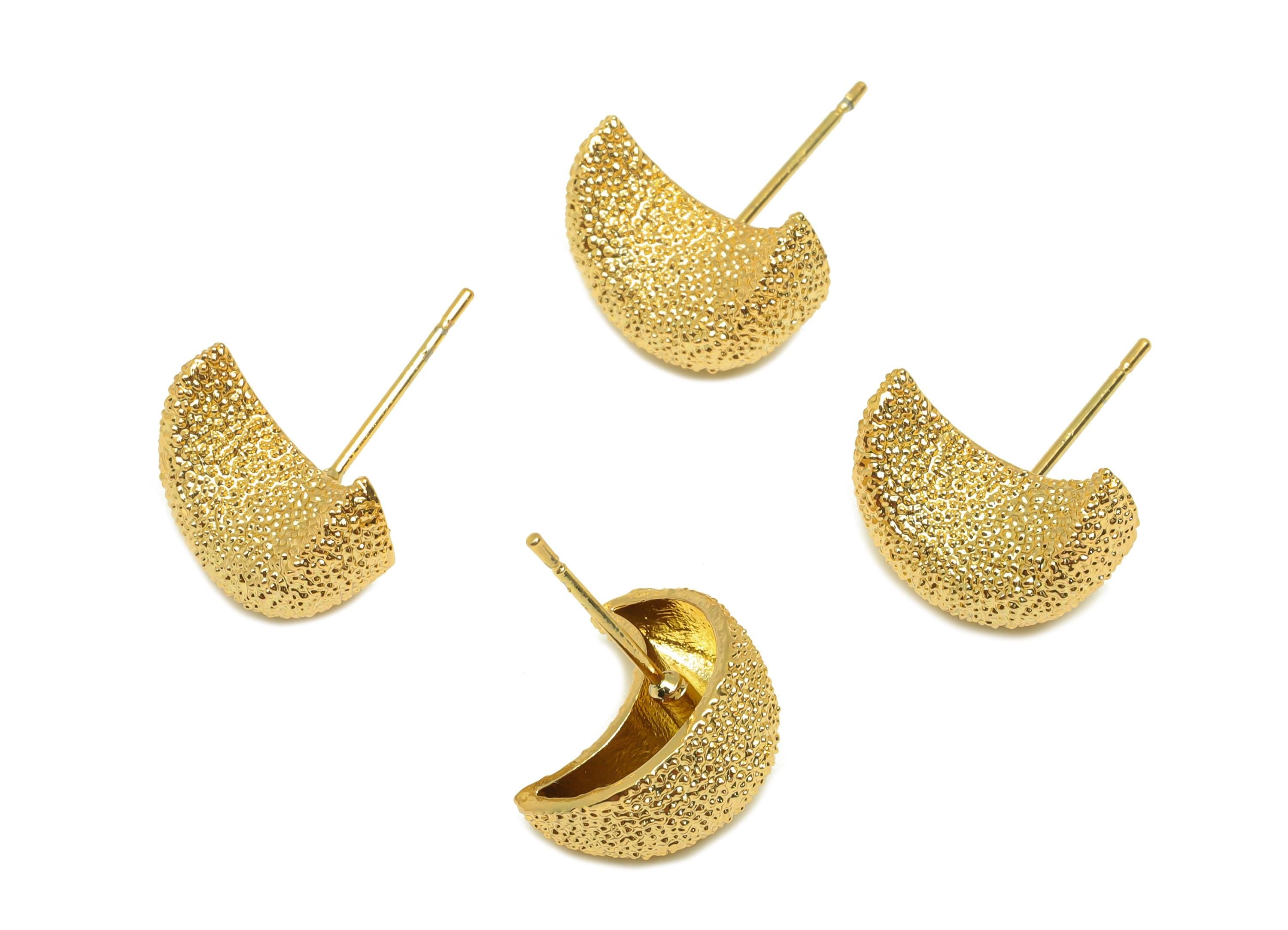 Brass Crescent Earring Stud - Textured Moon Earring Post - Frosted Moon Earring Post - 18K Real Gold Plating - 18x6x7.05mm - RGP7751 - DOMEDBAZAAR