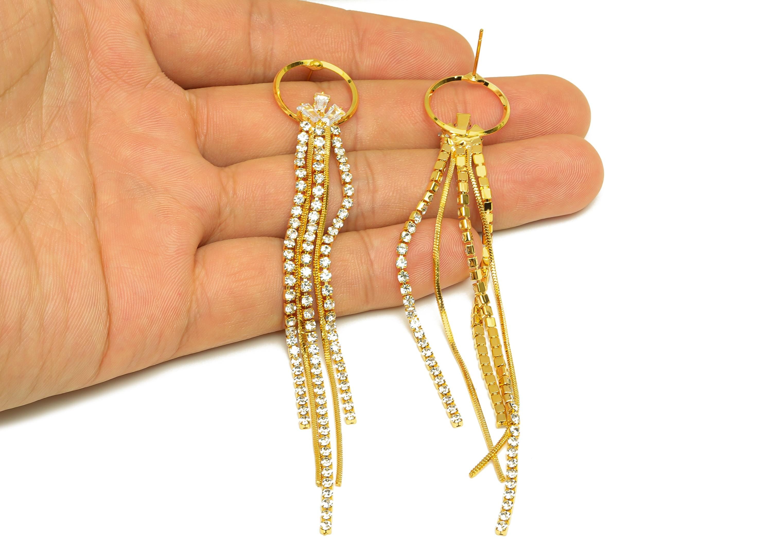 Zircon Tassel Earring Stud - Brass Round Tassel Earring Post - Zircon Snake Chian Earring - 18K Real Gold Plated - 110.8x17.2x1.33mm-RGP7493 - DOMEDBAZAAR
