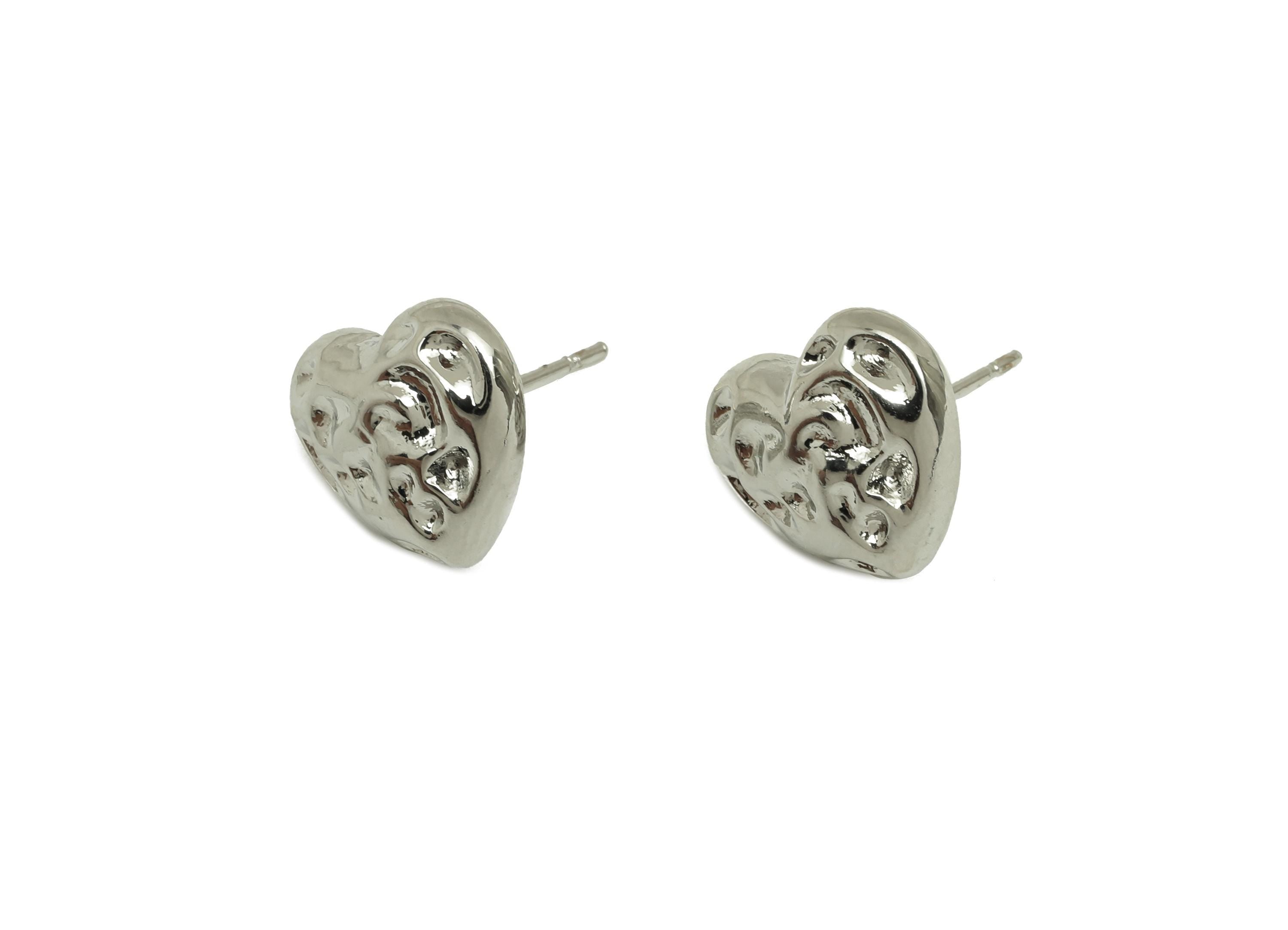 Brass Heart Earring Stud - Hammered Heart Earring Post - Textured Heart Earring Post - 18K Real White Gold Plating - 15x11.15x12mm - RGP7763 - DOMEDBAZAAR