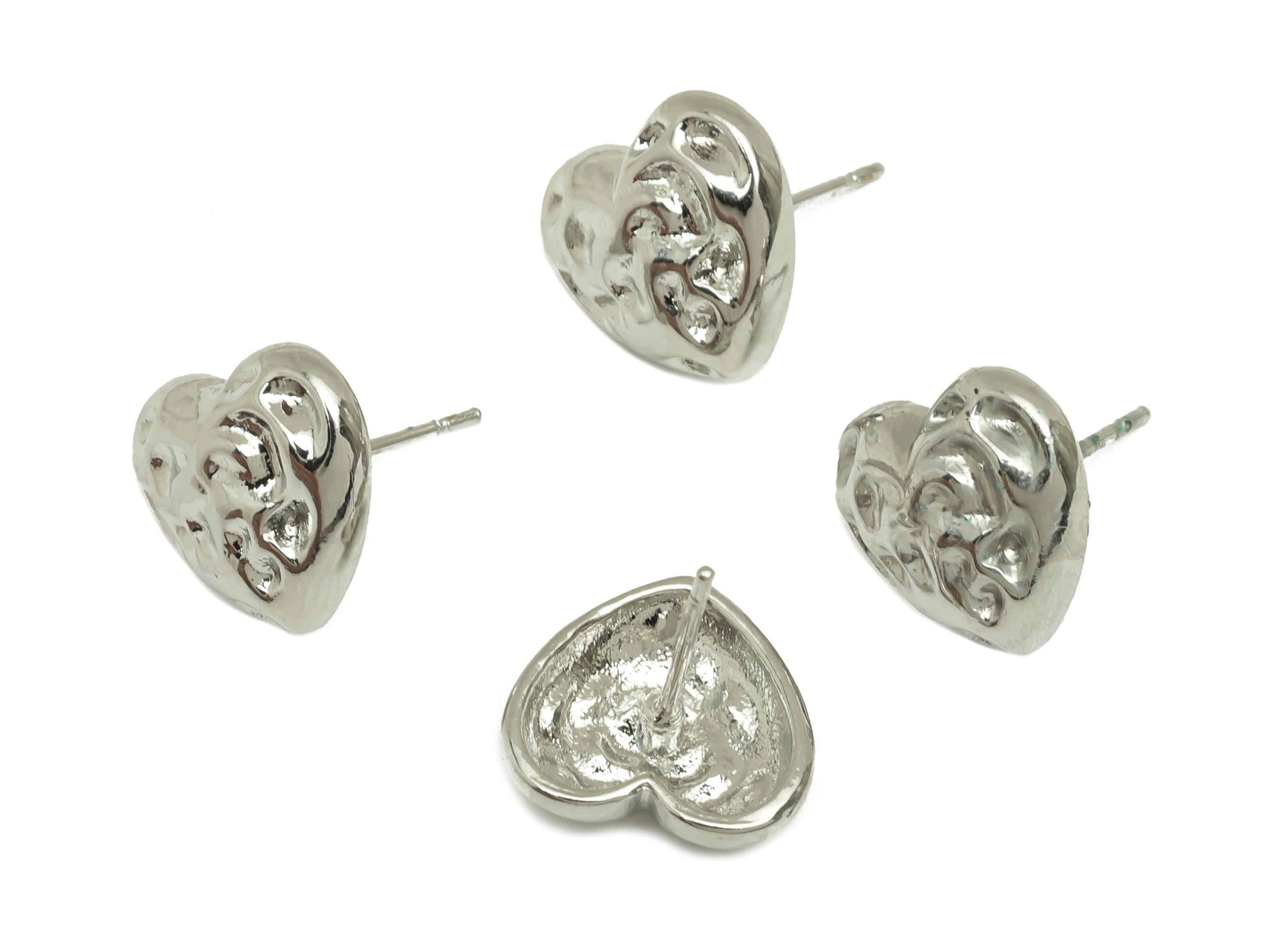 Brass Heart Earring Stud - Hammered Heart Earring Post - Textured Heart Earring Post - 18K Real White Gold Plating - 15x11.15x12mm - RGP7763 - DOMEDBAZAAR